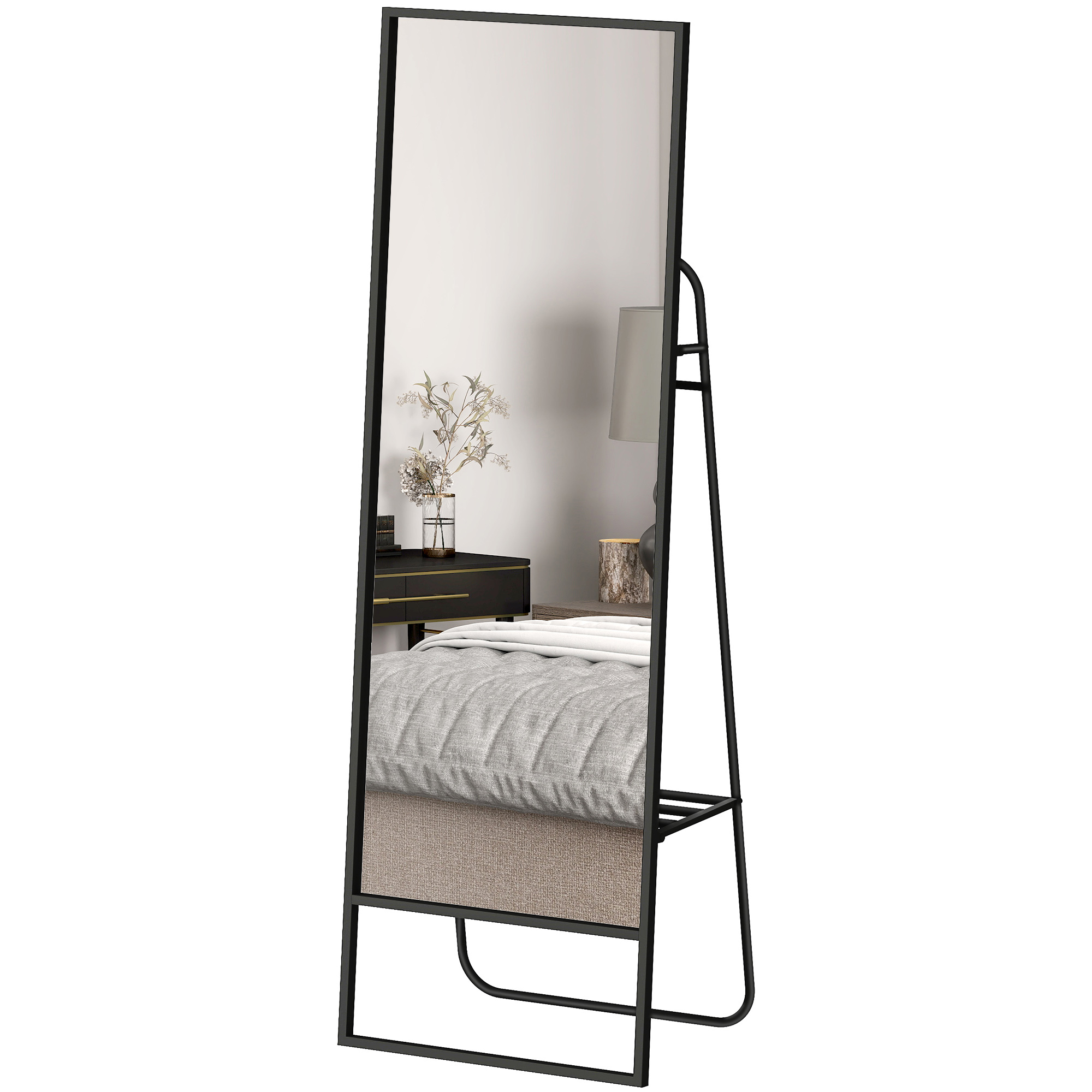 Volledige lichaamsspiegel, industrieel ontwerp, achterplank, 2 haken, metalen frame, voor slaapkamer, 157 x 50 cm, Zwart