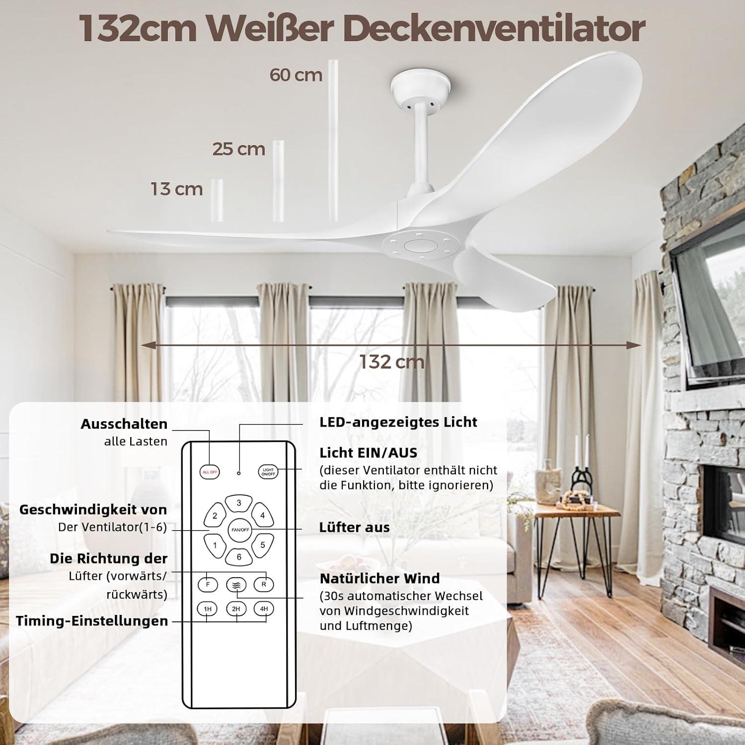 Biukis 152 cm Deckenventilator mit Fernbedienung, 6 Geschwindigkeitsstufen, reversibler DC-Motor für ganzjährige Nutzung, geeignet für Außenbereich, Garten, Wohnzimmer, Schlafzimmer – Walnuss