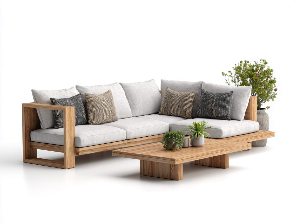Gartensofa Ecksofa Set Holzrahmen mit Tisch für Garten und Terrasse 260x180x75 cm - Naturholz und Grau - Modernes Lounge Design