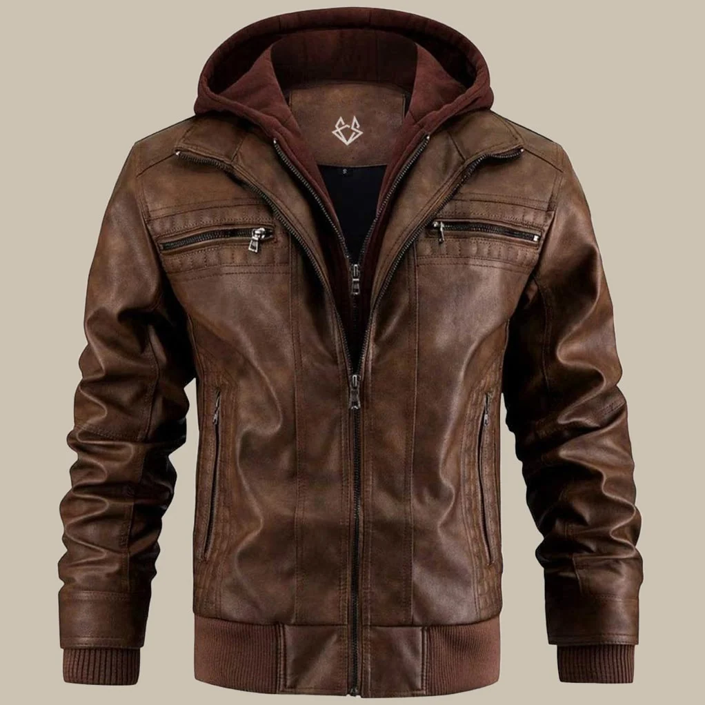 Moderne Herren-Lederjacke mit Kapuze
