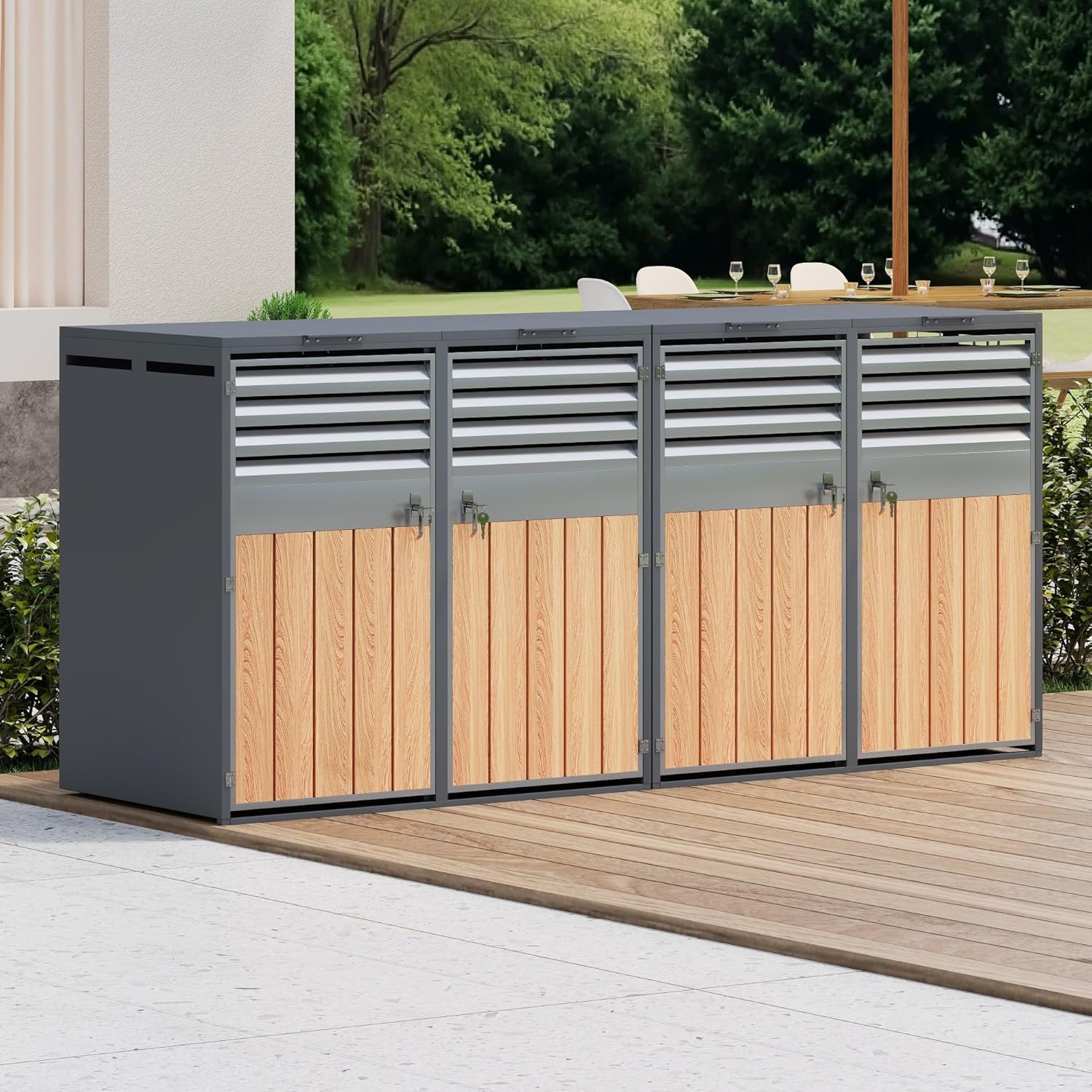 Mülltonnenbox 4Er für 4 Mülltonne Bis 240L mit Klappdeckel, Lüftungsöffnung Mit Lamellen, Trash Storage Compartments,Abschließbar, Zwei Türen, Garten Müllbox, Mülltonnenverkleidung,4 Bin