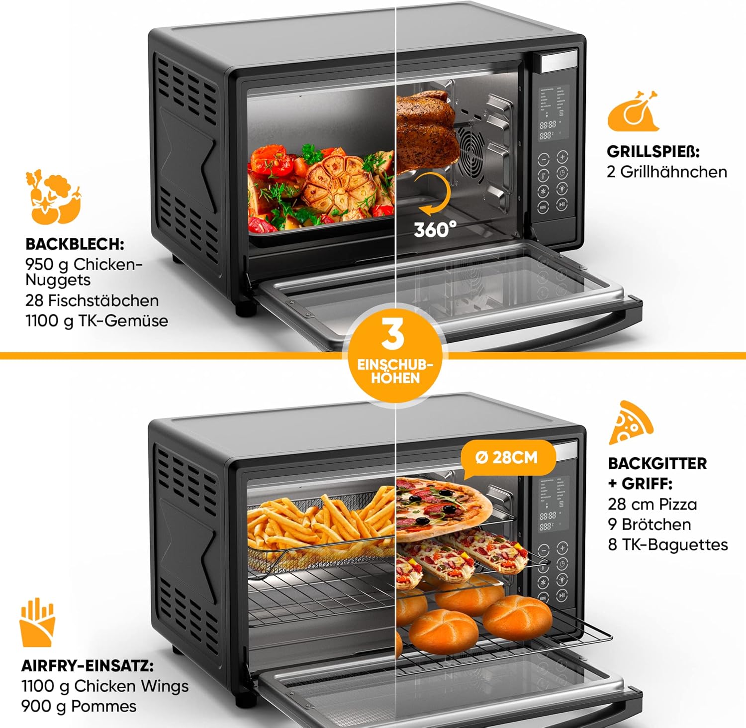Stillstern Minibackofen mit Umluft (35L) DE Version, Pizza Ø28cm, NEU: CYCLONE PRO+ (Antihaftbeschichtung), 13 Programme, Auftauen&Warmhalten, 8h Timer, Rezeptheft, Mini Backofen Pizzaofen Grill