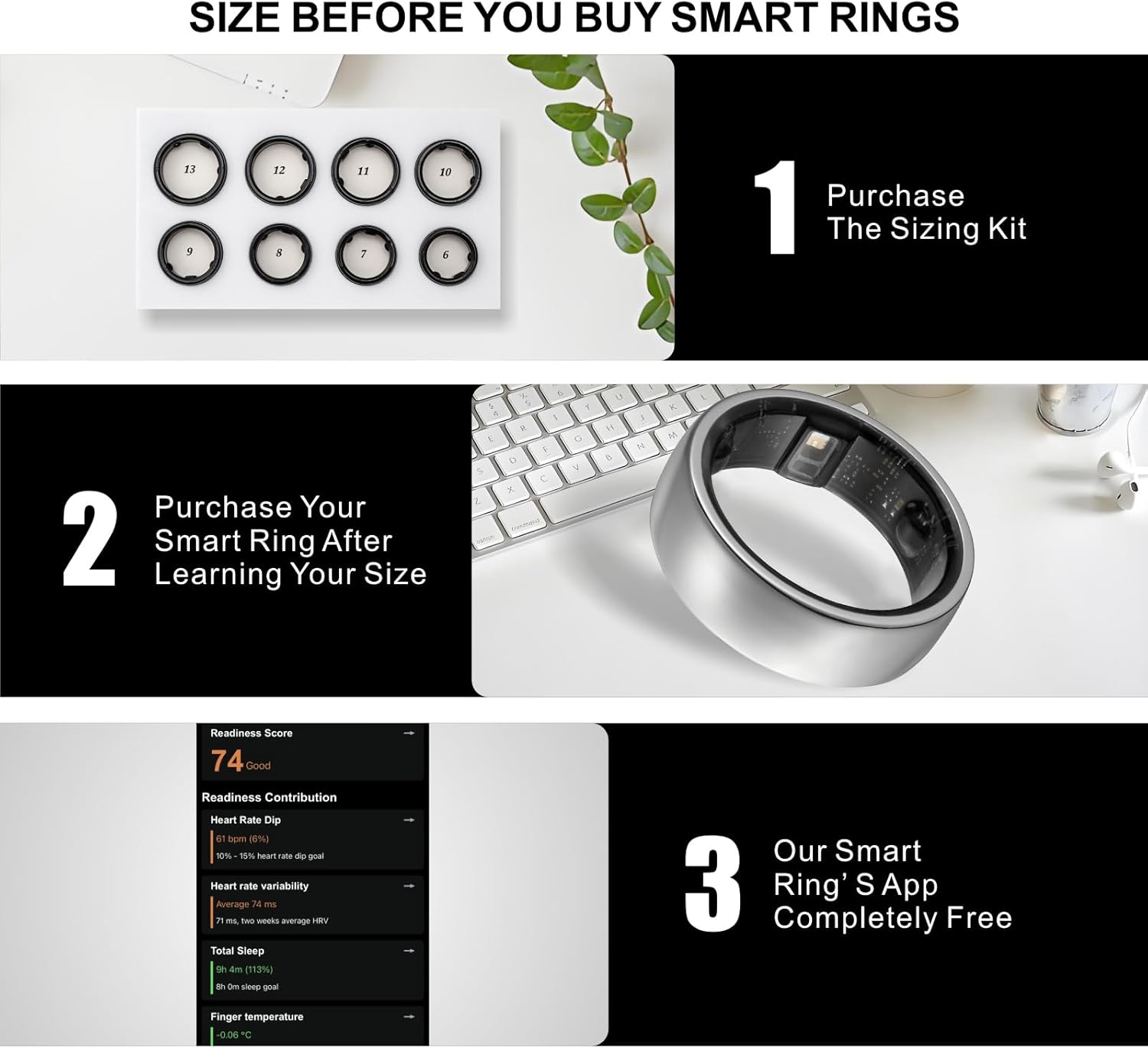 Smart Ring, Aktivitätstracker, Schlafring, Fitness-Tracking, Stress-Tracker, Herzfrequenz, Meditation, Temperatur, Atemwege, Kein App-Abonnement, Damen, Herren, iOS, Android (Silber, 7)