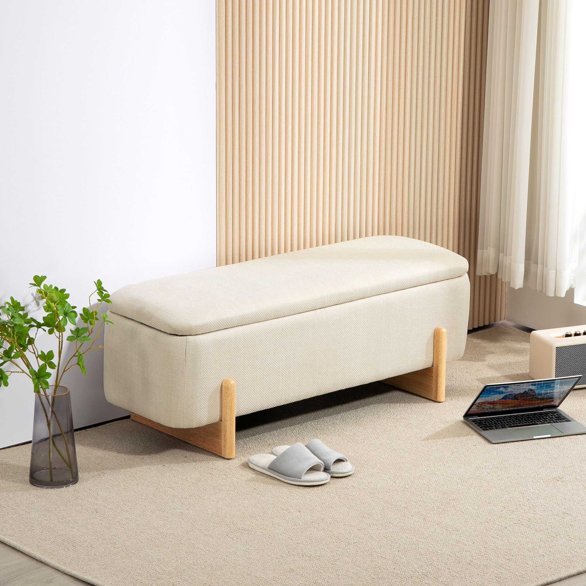 Kruk met Opbergruimte, Zitbank met Schuimstofpolstering, Linnenlook, 111 x 44 x 44,5 cm, Cr��mewit
