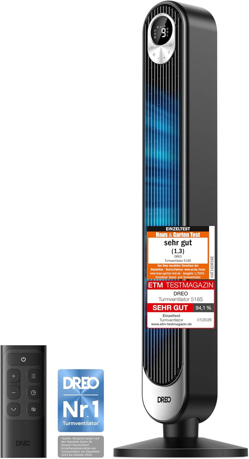 DREO DC Motor Turmventilator Leiser, 11M Windentfernung Ventilator mit Kühlung Fernbedienung, 9 Stufen 4 Modi, 90° Oszillierender Stand Ventilatoren für Schlafzimmer, Tower Fan mit 12H Timer