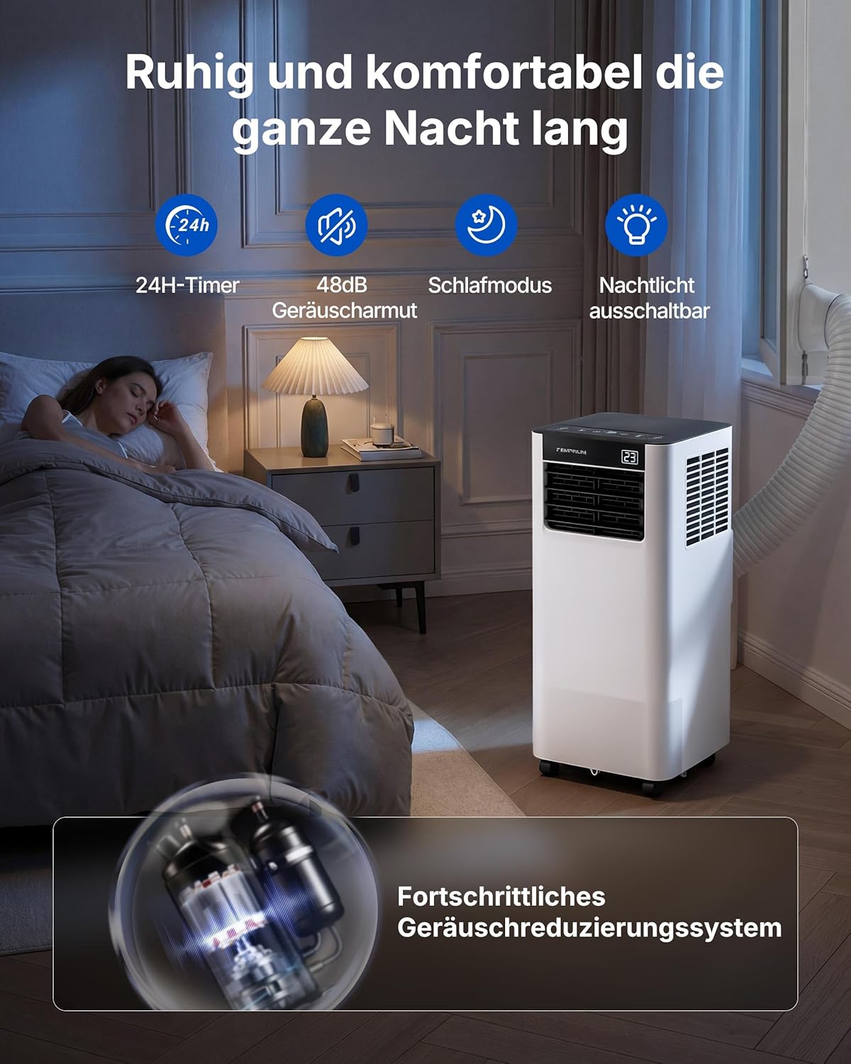 Mobile Klimaanlage 9000BTU 2,6Kw mit Abluftschlauch | 3-in-1 Mobiles Klimagerät | Fensterabdichtung | APP-Steuerung + Fernbedienung | Leiser Betrieb