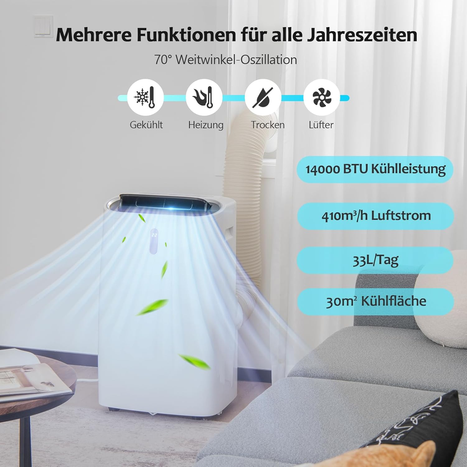 GOPLUS 14000 BTU Klimaanlage mit Abluftschlauch, 5 in 1 mobiles Klimagerät: Kühlen, Heizen, Entfeuchten, Belüften, Schlafmodus | für Raumgröße bis 30㎡ | 24H-Timer | App/Fernbedienung (14000BTU)