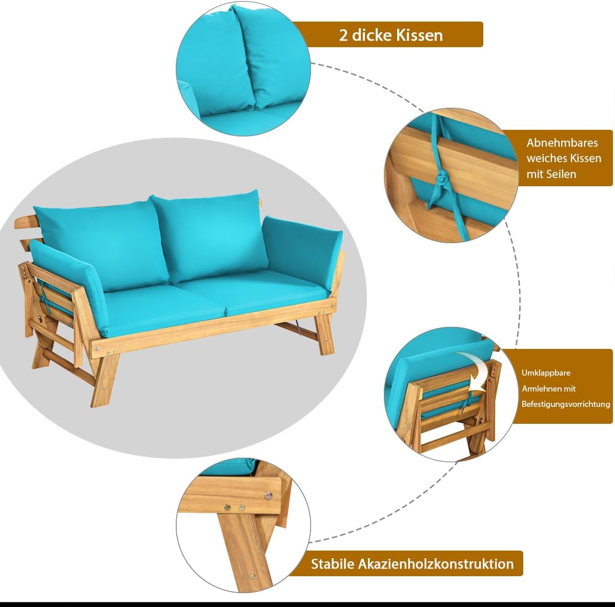 COSTWAY Ławka ogrodowa z funkcją leżenia, sofa ogrodowa z poduszkami i składanym podłokietnikiem, ławka balkonowa z drewna akacjowego, sofa balkonowa, sofa ogrodowa do ogrodu, na taras, balkon, 198 x
