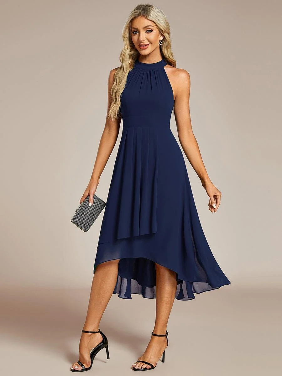 Damen Chiffon Midi-Kleid in A-Linie | Festliches Halterneck Kleid mit Plissee-Details | Sommerliches Kleid f��r Hochzeitsg?ste