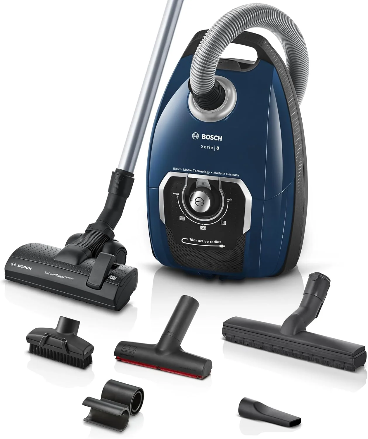 Bosch Stofzuiger met zak Serie 8 BGB75X494, sledestofzuiger, ideaal voor mensen met allergie?n, hygi?nefilter, vloermondstuk voor parket, tapijt, tegels, lange kabel, stil, 650 W, blauw