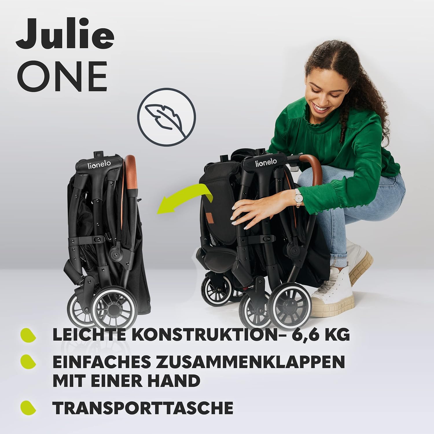 LIONELO Julie One Buggy Kinderwagen bis 22 kg, verstellbare Rückenlehne und Fußstütze, Moskitonetz, Beinwärmer, Getränkehalter und Transporttasche, zusammenklappbar