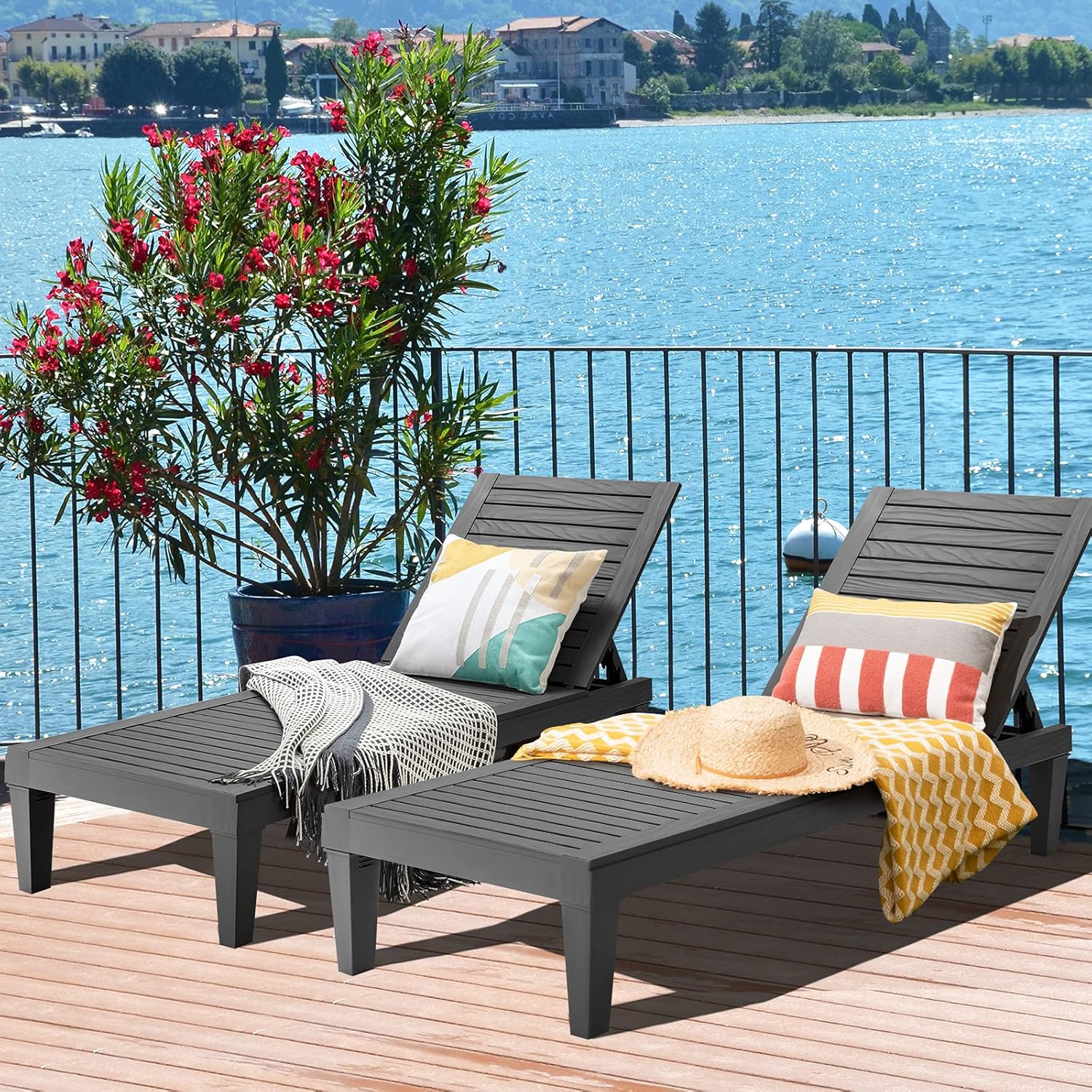 COSTWAY 2er Set Sonnenliege Kunststoff wetterfest, Gartenliege mit Verstellbarer Rückenlehne, Balkonliege, Terrassenliege Holzoptik, Liegestuhl bis 180 kg belastbar für Garten, Terrasse, Schwarz