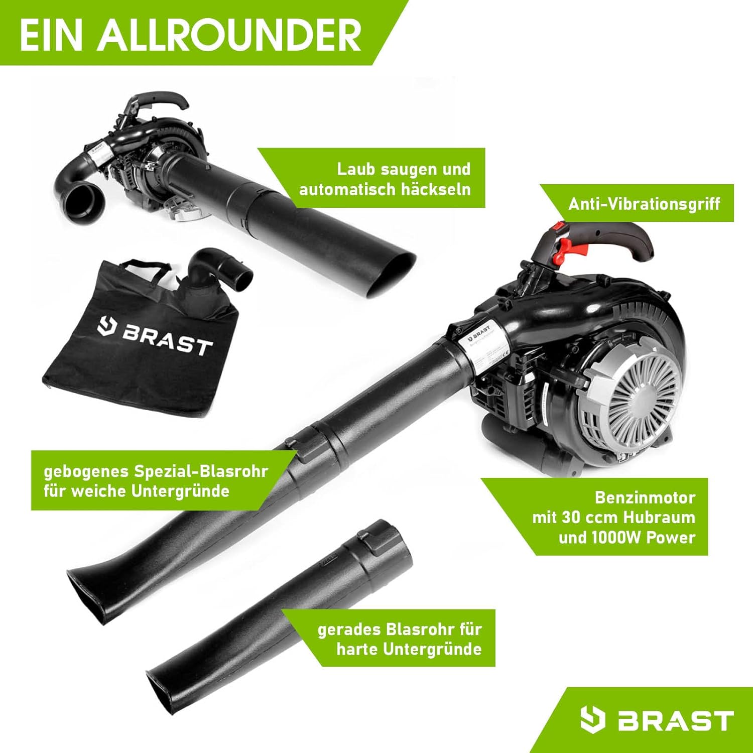 BRAST® Laubsauger Laubbläser Benzin 1,0kW(1,36PS) | 55L Fangsack | inkl. 2 Blasrohre, Schultergurt & Anti-Vibrationsgriff | 4in1 Funktion | Blasgeschwindigkeit 73 m/s