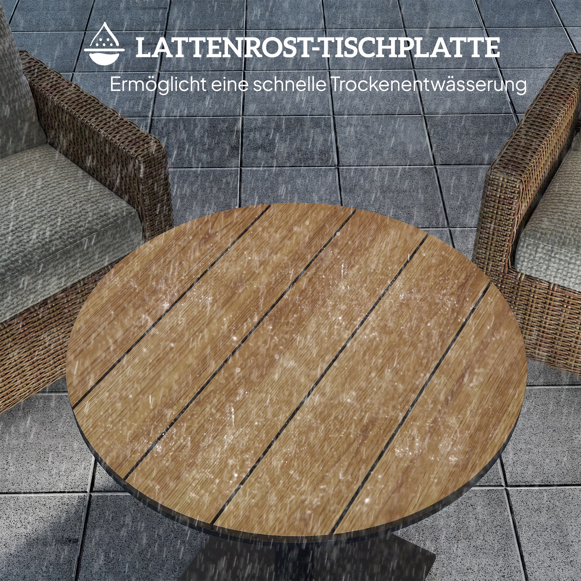 Tuintafel ?70 cm, Weerbestendige Ronde Balkontafel met Lamellenontwerp, Staal ?70 x 74H cm Natuurlijk Hout