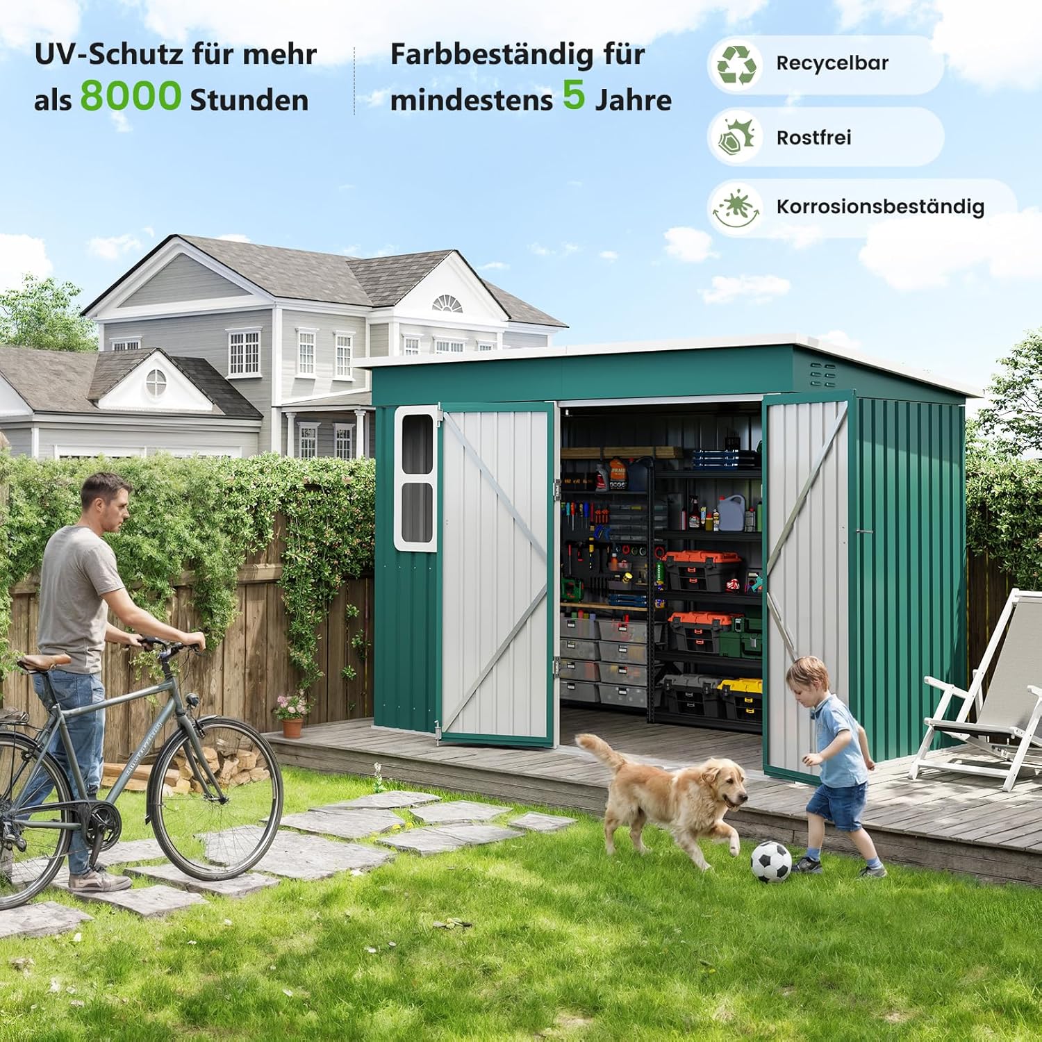 UDPATIO Gartenhaus Metall 260 x 176 x 190 cm mit Fenster, abschließbarer Tür und Belüftung, Fahrradgarage mit Pultdach, Geräteschuppen für Werkzeuge, Ausrüstung, Wasserdicht, Verzinkter Stahl, Grün
