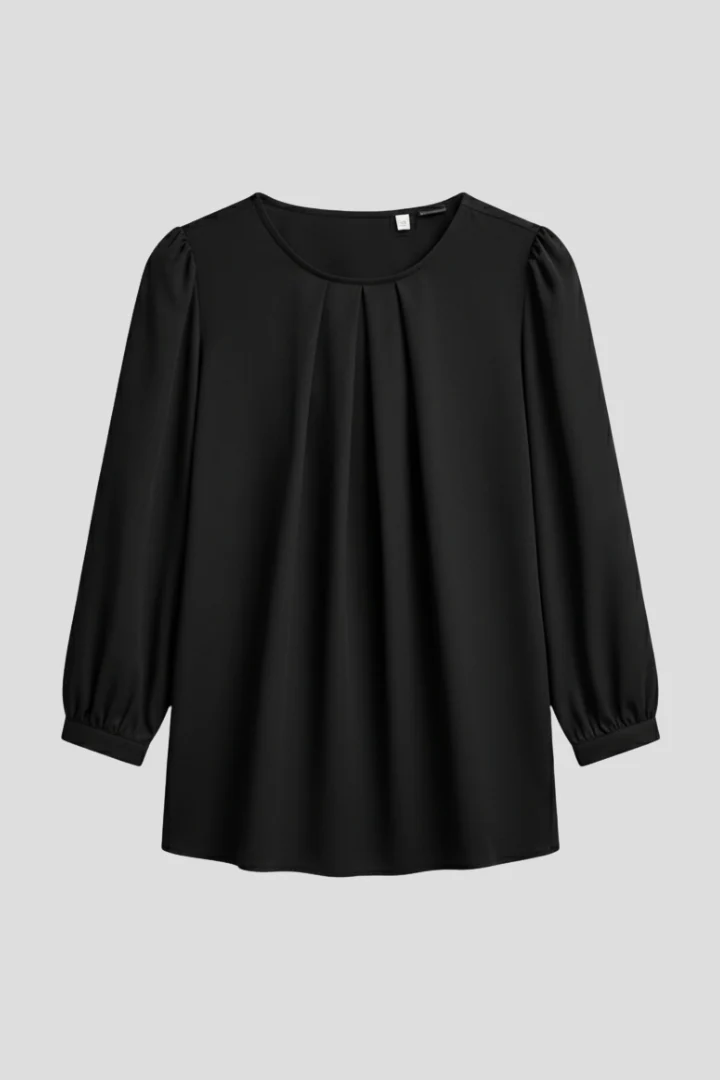 Damenbluse mit Rundhals und modischen Puff?rmeln | Langarm Schlupfbluse mit Plissee-Detail | Vielseitige Business Bluse
