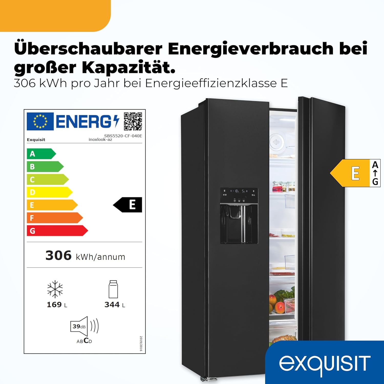 Exquisit Side by Side Kühl-Gefrierkombination | 513 l Nutzinhalt, Energieeffizienzklasse E, 39 dB, No Frost, Schnellgefrieren, Wasserspender, Ice-Maker, LED-Beleuchtung | SBS5520-CF-040E inoxlook-az