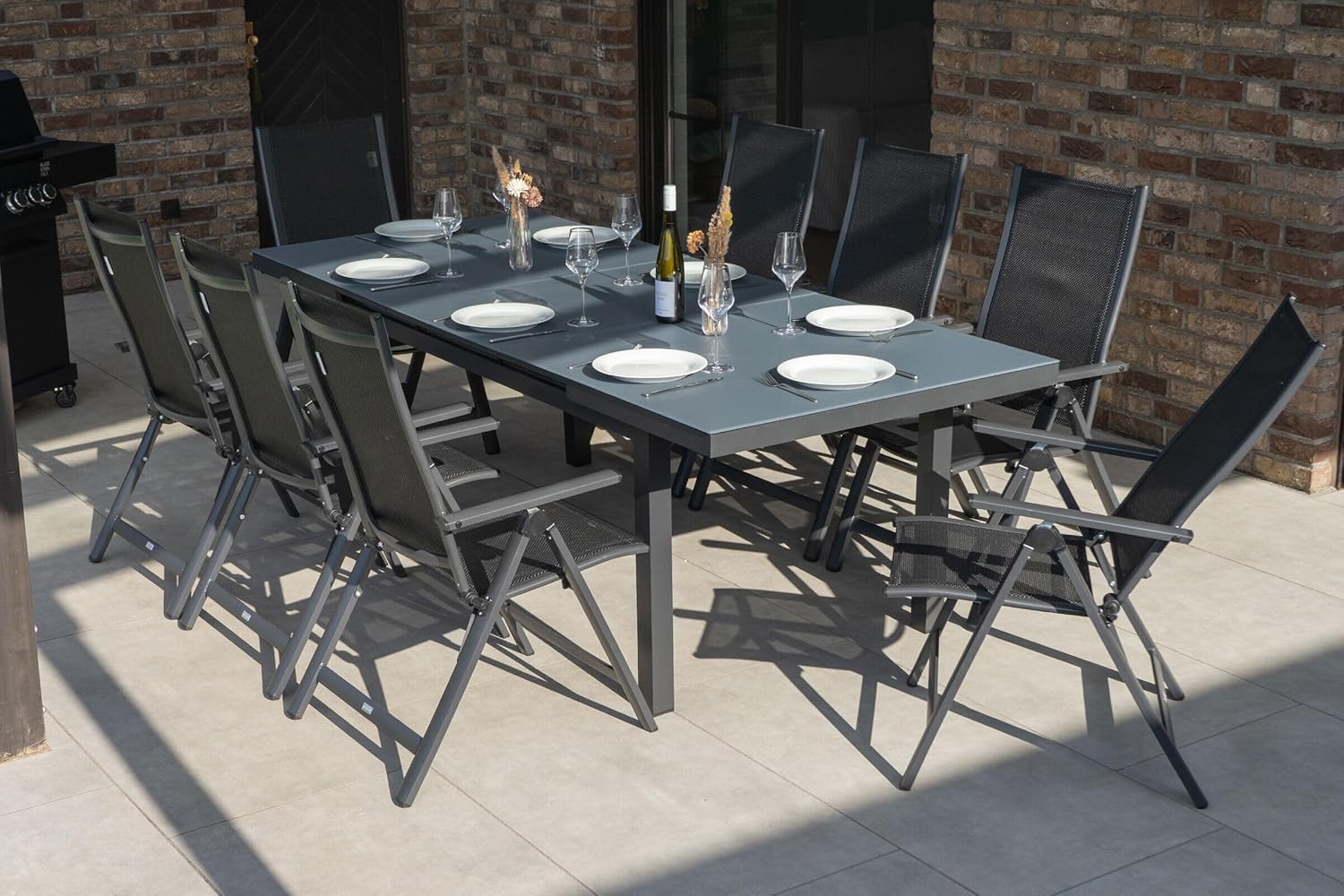 OUTFLEXX Premium Garten-Essgruppe, anthrazit matt, Alu/Textilene, Tisch 180/240x100cm, 8 Klappstühle