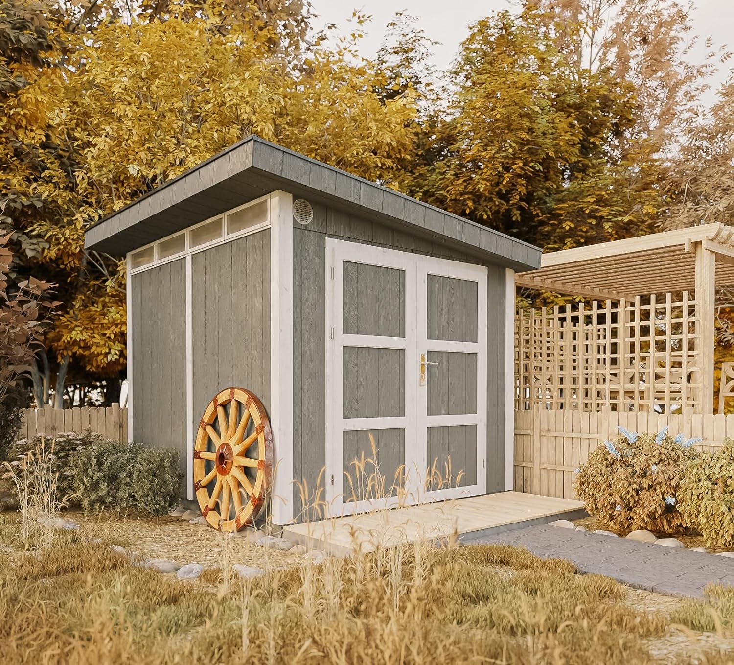 Gartenhaus Premium Qualität 5,9m² - L279xW293cm- All-Inclusive-Set mit Boden, Bitumen-Dachziegeln, Farbset- Hochwertiger Geräteschuppen aus Holzwerkstoffplatten LP Smartside - M903A Redwood RED