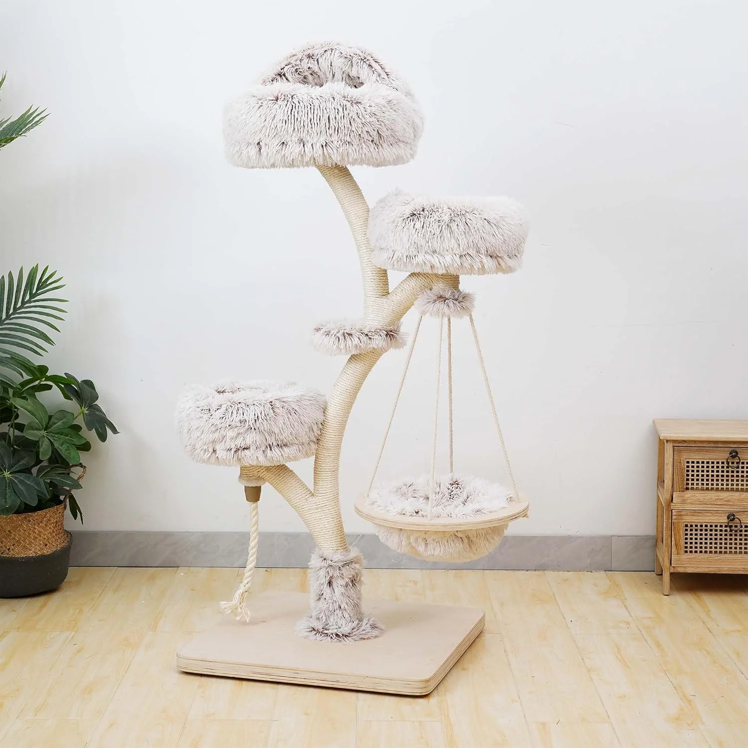 Fudajo Designer Krabpaal in Takontwerp 130 cm hoog, Kattenkrabpaal met Pluche en Sisal, Klimboom voor Katten, Kattenboom met Hanggemat