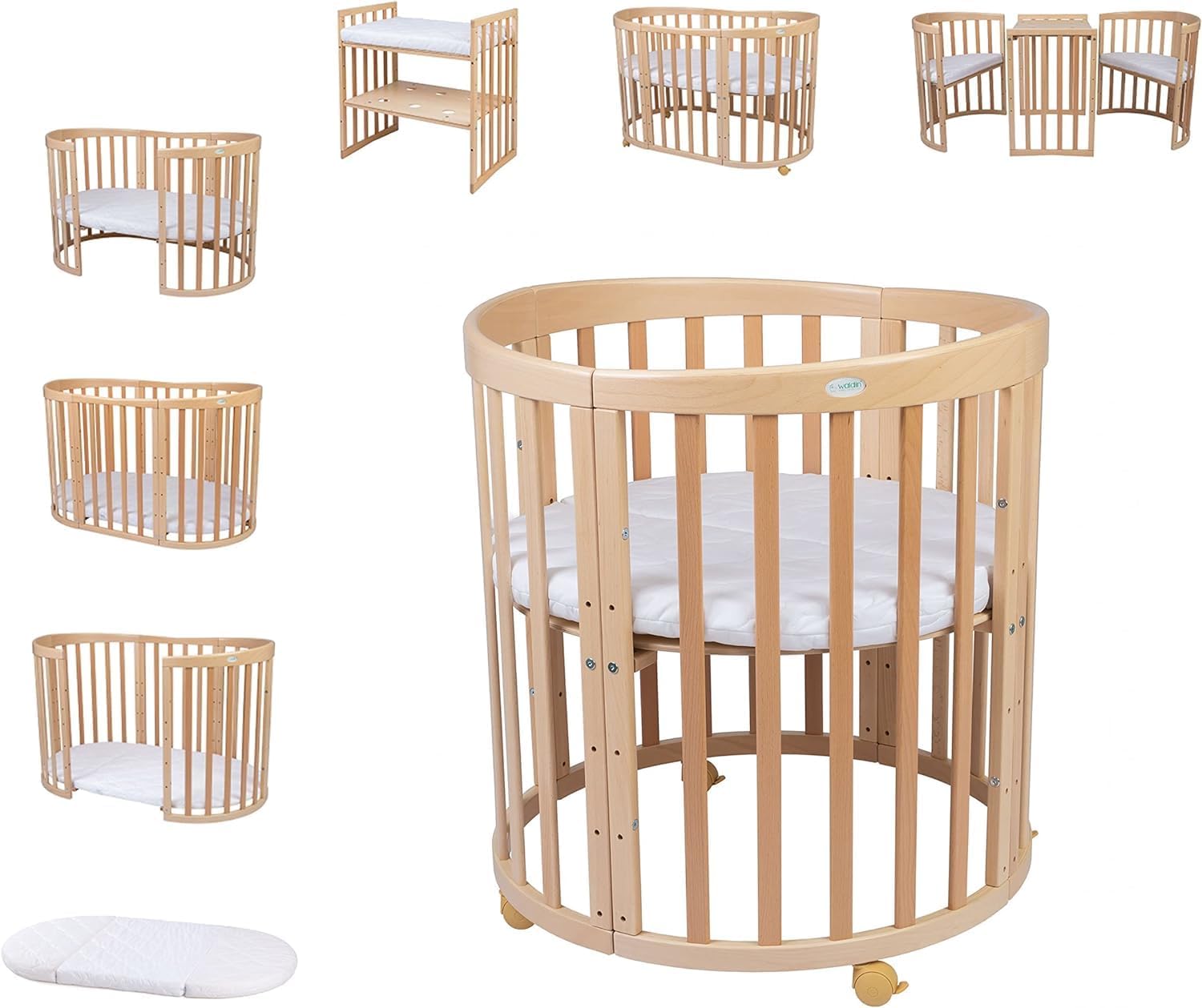 Waldin Oval Baby-Bett Mitwachsend Komplett Set 7in1, Gitterbett, Kinderbett mit Matratze, Wickelkommode, Beistellbett, Holz Weiß