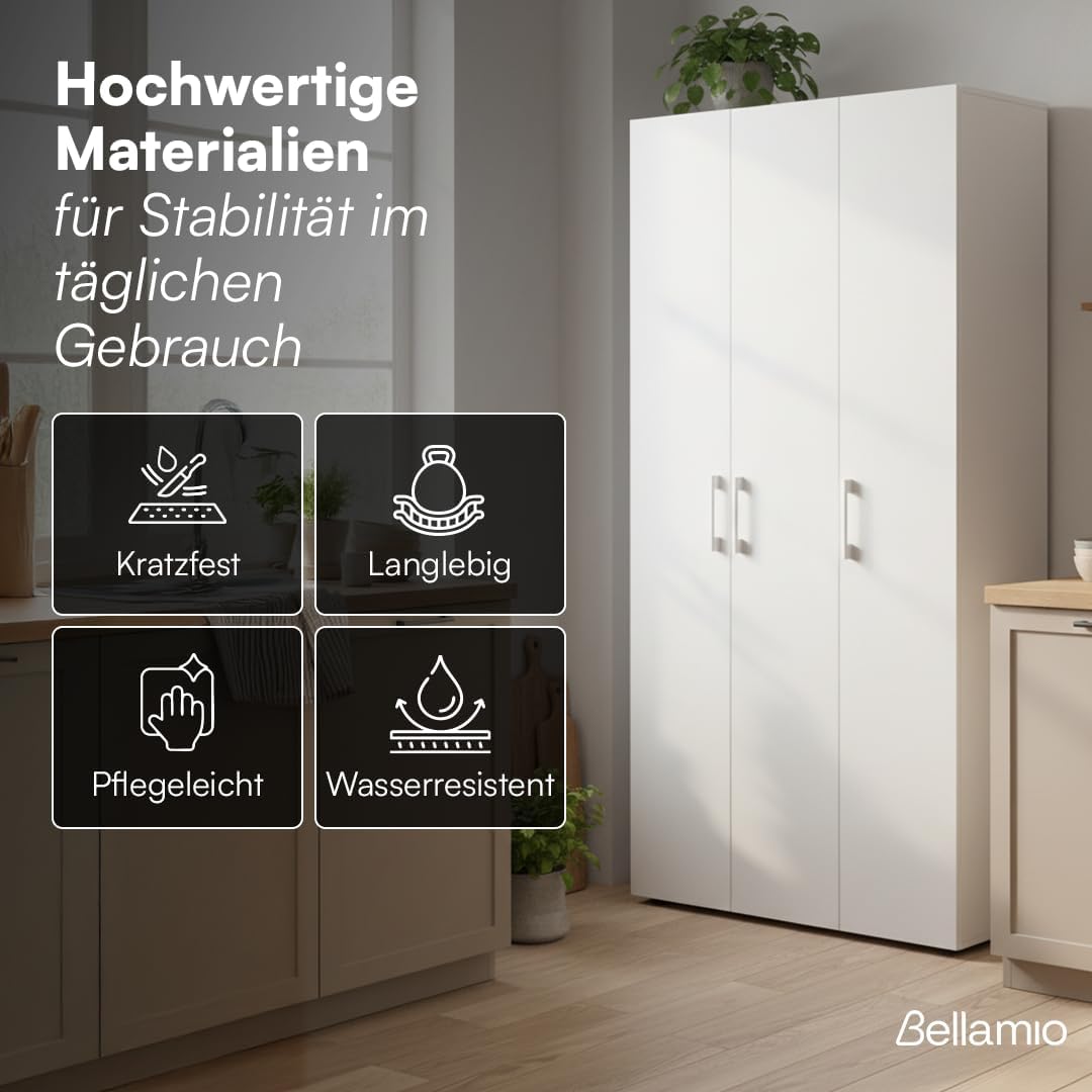 Bellamio Apol Mehrzweckschrank Weiß – Besenschrank 90 cm breit mit Stauraum – Putzschrank mit Staubsaugerfach – Vorratsschrank Küche - Aktenschrank aus Holz - Flurschrank – Aufbewahrungsschrank