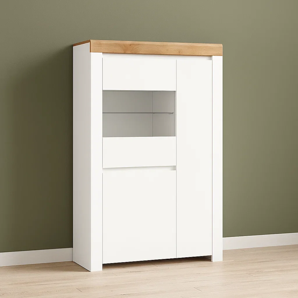Vitrineskab til tallerkener - Hvid og tr - MDF og lamineret spnplade - Indendrs - 98 cm x 42 cm x 156 cm - dYYobcRt2rNe