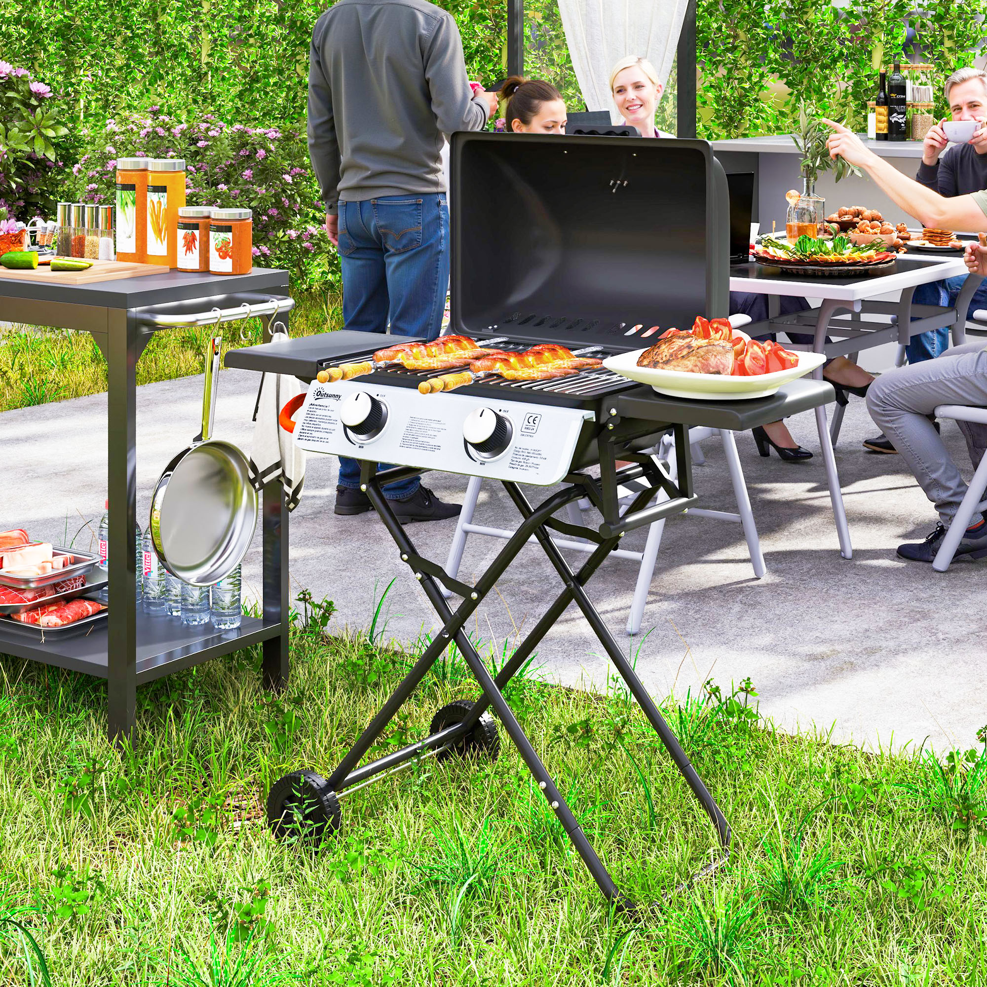 Gasbarbecue 5,6 KW Barbecuewagen incl. 2 Roestvrijstalen Branders, Opvouwbaar, Zijtafels, 101 x 50 x 102 cm Zwart