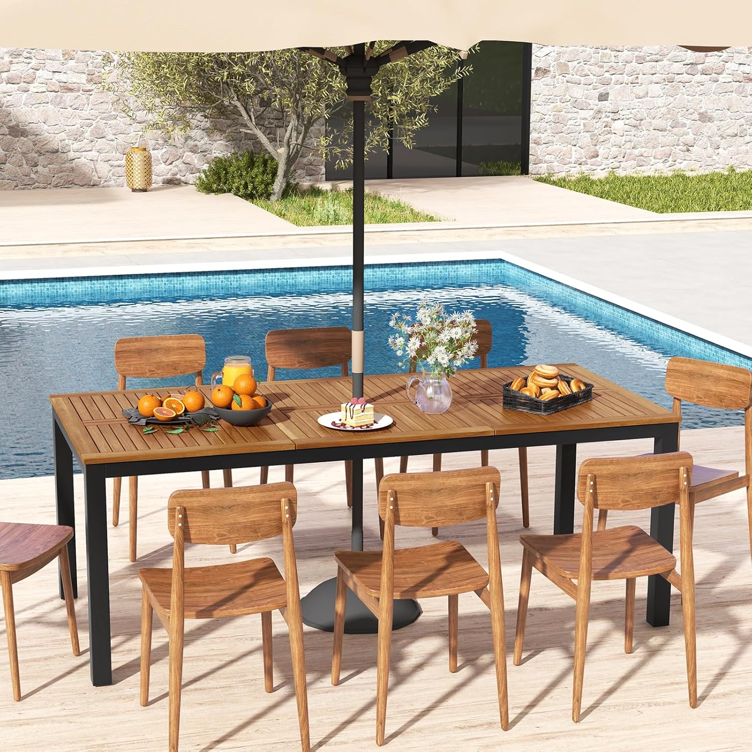 KOMFOTTEU Gartentisch mit Schirmloch, Esstisch aus Akazienholz, Holztisch für 8 Personen, Terrassentisch 200 x 90 x 75 cm, für Outdoor, Garten, Patio (Modell A)