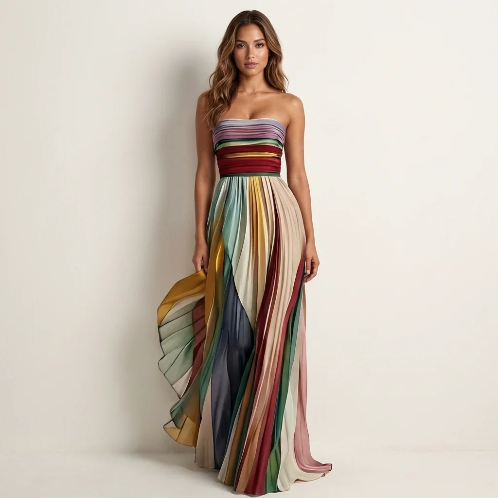 Plissee Maxikleid f��r Damen | Tr?gerloses Sommerkleid | Leichtes Bandeau Kleid | Plissiertes Kleid f��r den Sommerurlaub