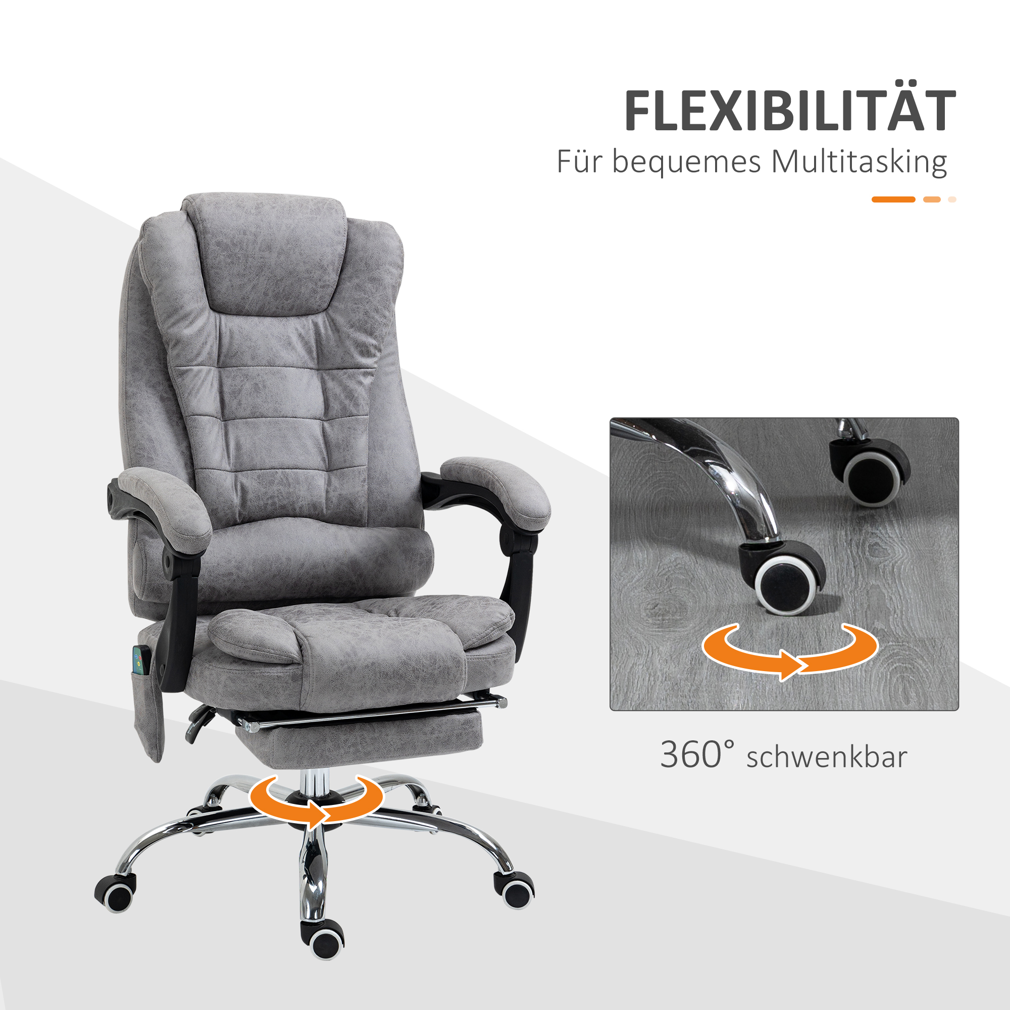 Vinsetto Bureaustoel met Massagefunctie, Ergonomische Bureaustoel met Leun- & Warmtefunctie, Afstandsbediening, Grijs