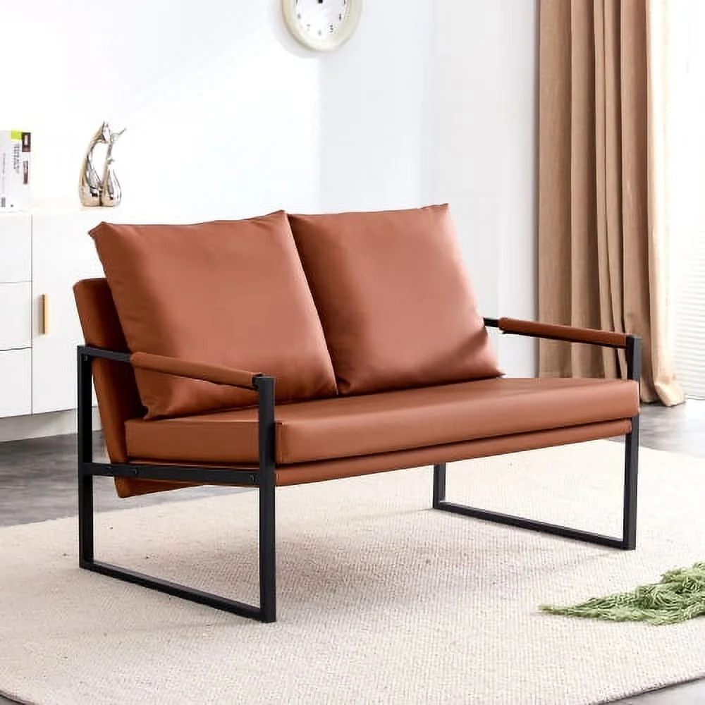 Moderne 2-zitsbank met 2 kussens �C PU-leer, Hoge Dichtheid Schuim, Zwarte Gecoate Metalen Frame, Bruin