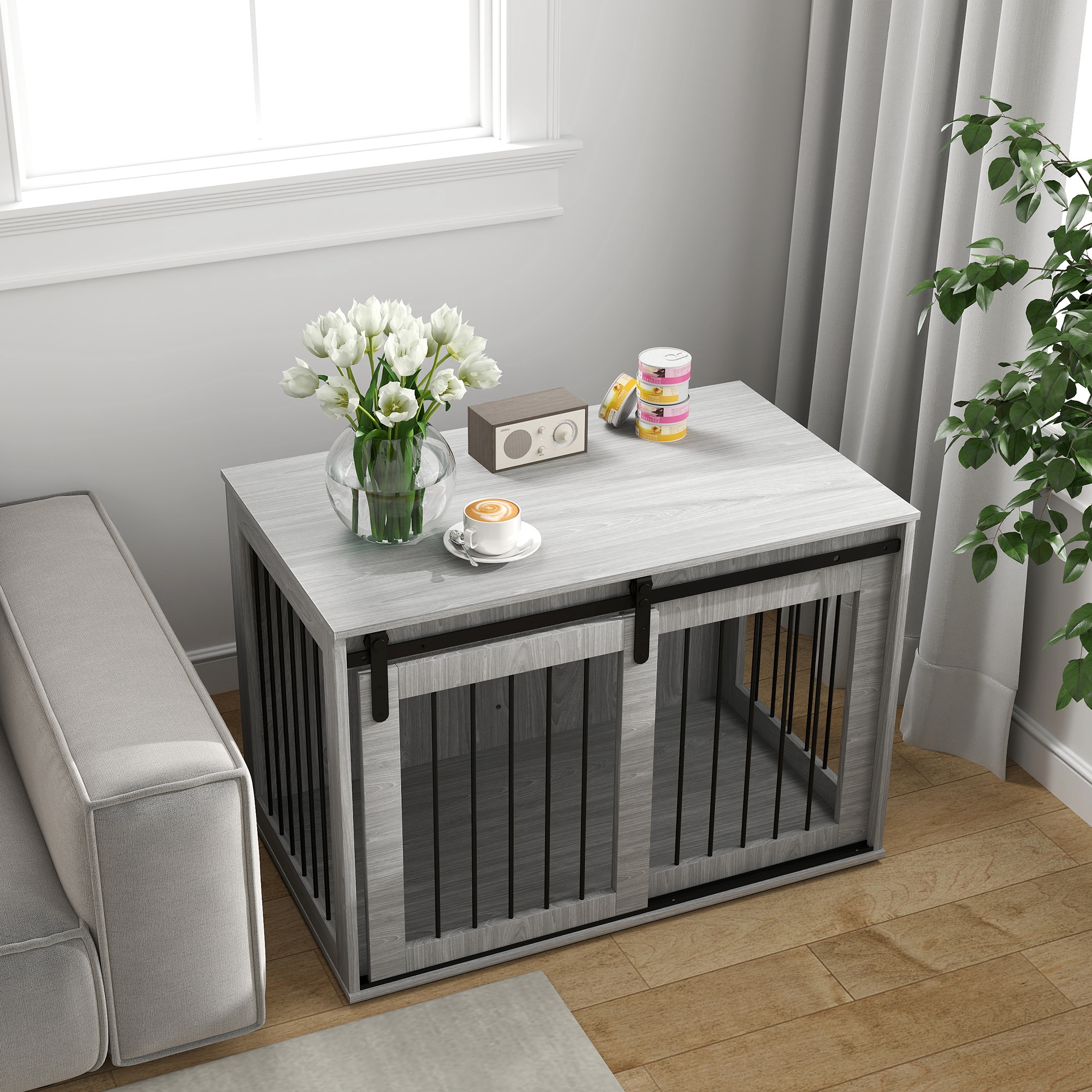 Hondenbench met schuifdeur, ventilatie, spaanplaat en staal, 98 x 58 x 61 cm, Grijs