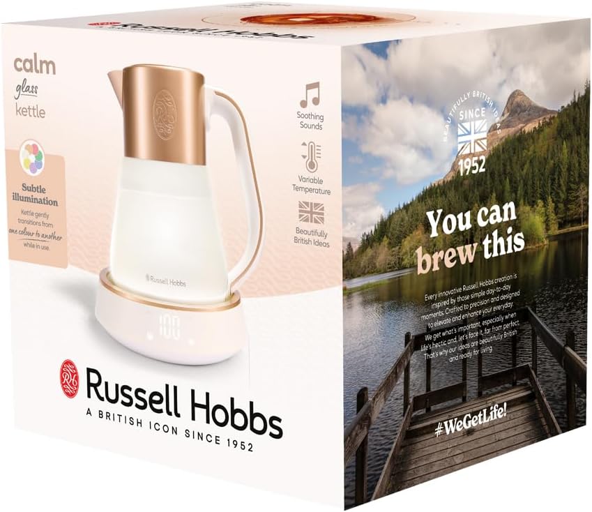 Russell Hobbs Wasserkocher Glas [1,7L, Temperatureinstellung 40-100°] Calm (LED-Beleuchtung, beruhigende Klänge, Leise-Koch-Technologie,Warmhaltefunktion,Digitaldisplay,Touch-Bedienung,2400W) 27450-70
