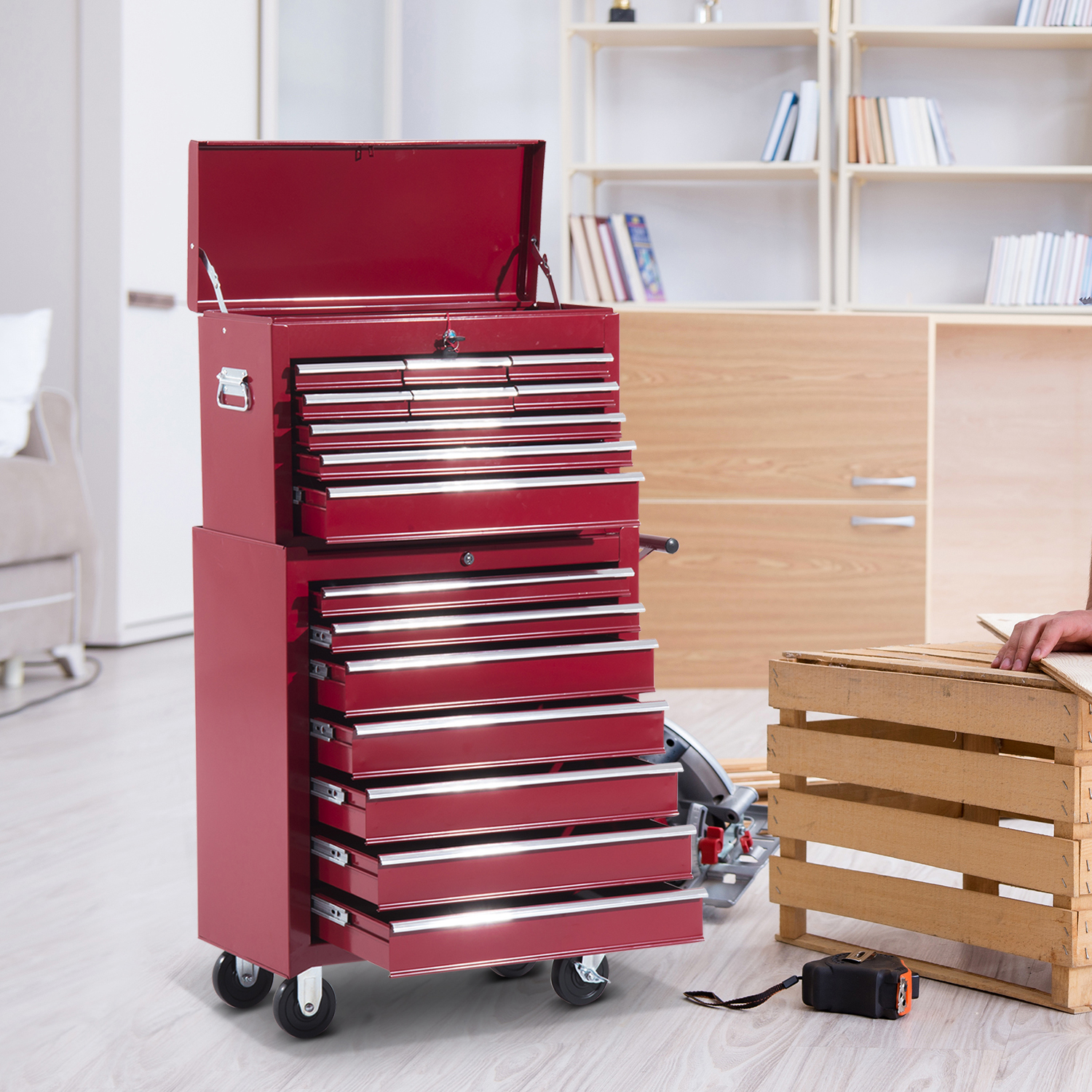HOMCOM® mobiele werkplaatswagen, afsluitbaar met 16 schuifladen, rood / schuiflade gereedschapwagen wagen met wielen  gereedschapskist (rood)