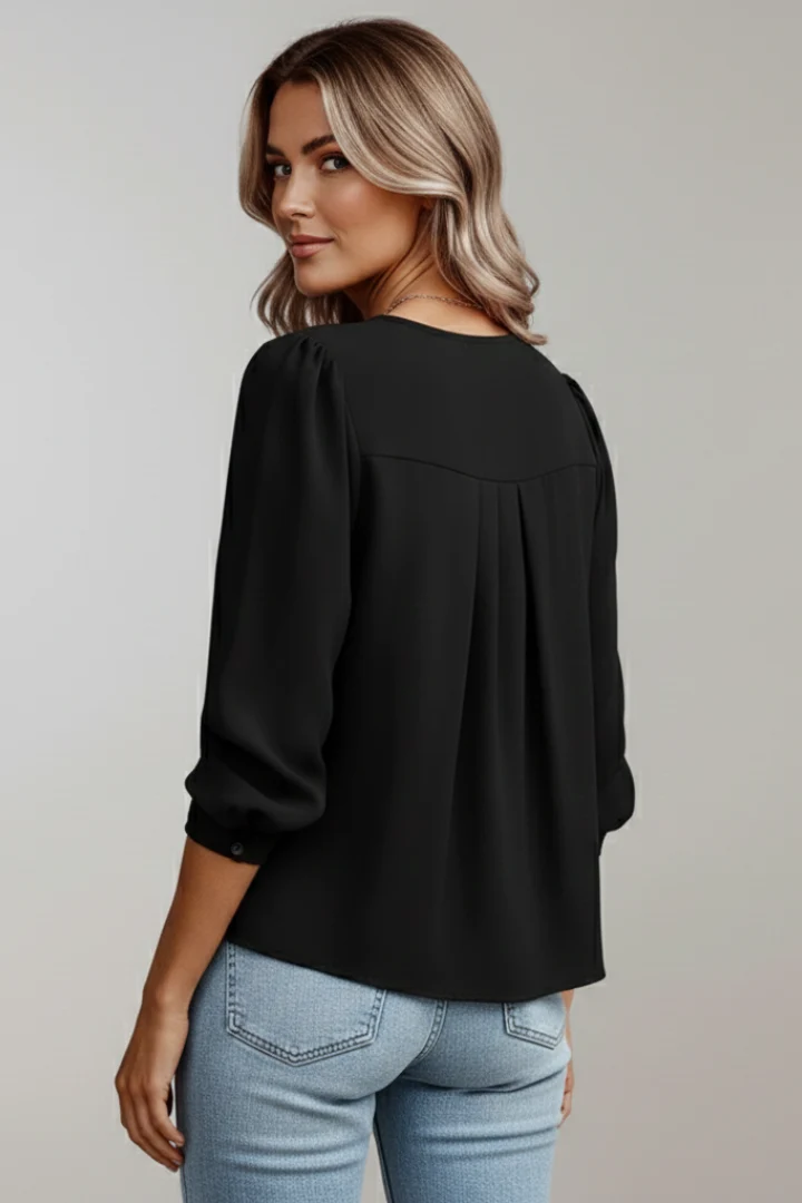 Damenbluse mit Rundhals und modischen Puff?rmeln | Langarm Schlupfbluse mit Plissee-Detail | Vielseitige Business Bluse