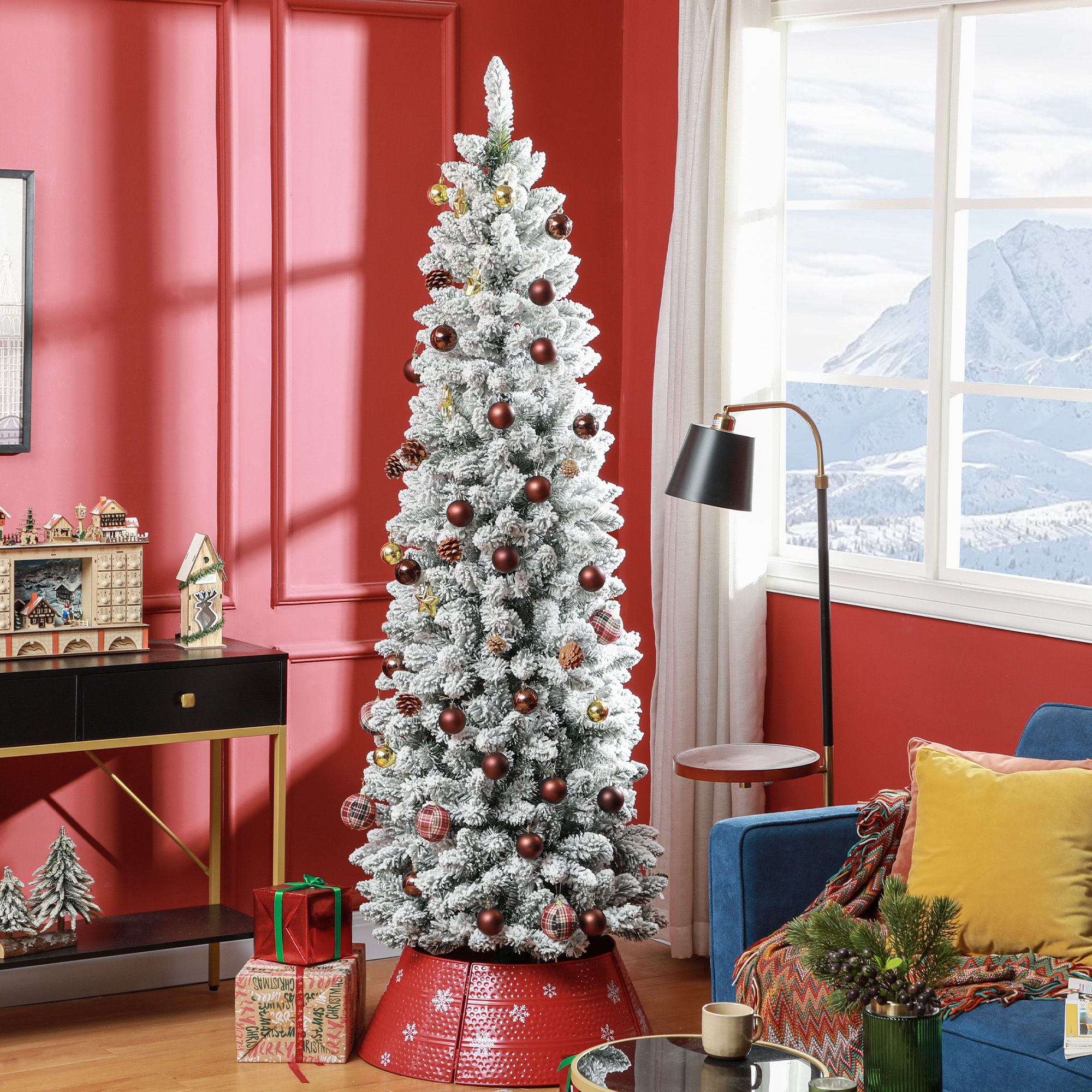 Kunstkerstboom, vlamvertragend, met kunstsneeuw, slank, stalen voet, 75 x 210 cm, Groen
