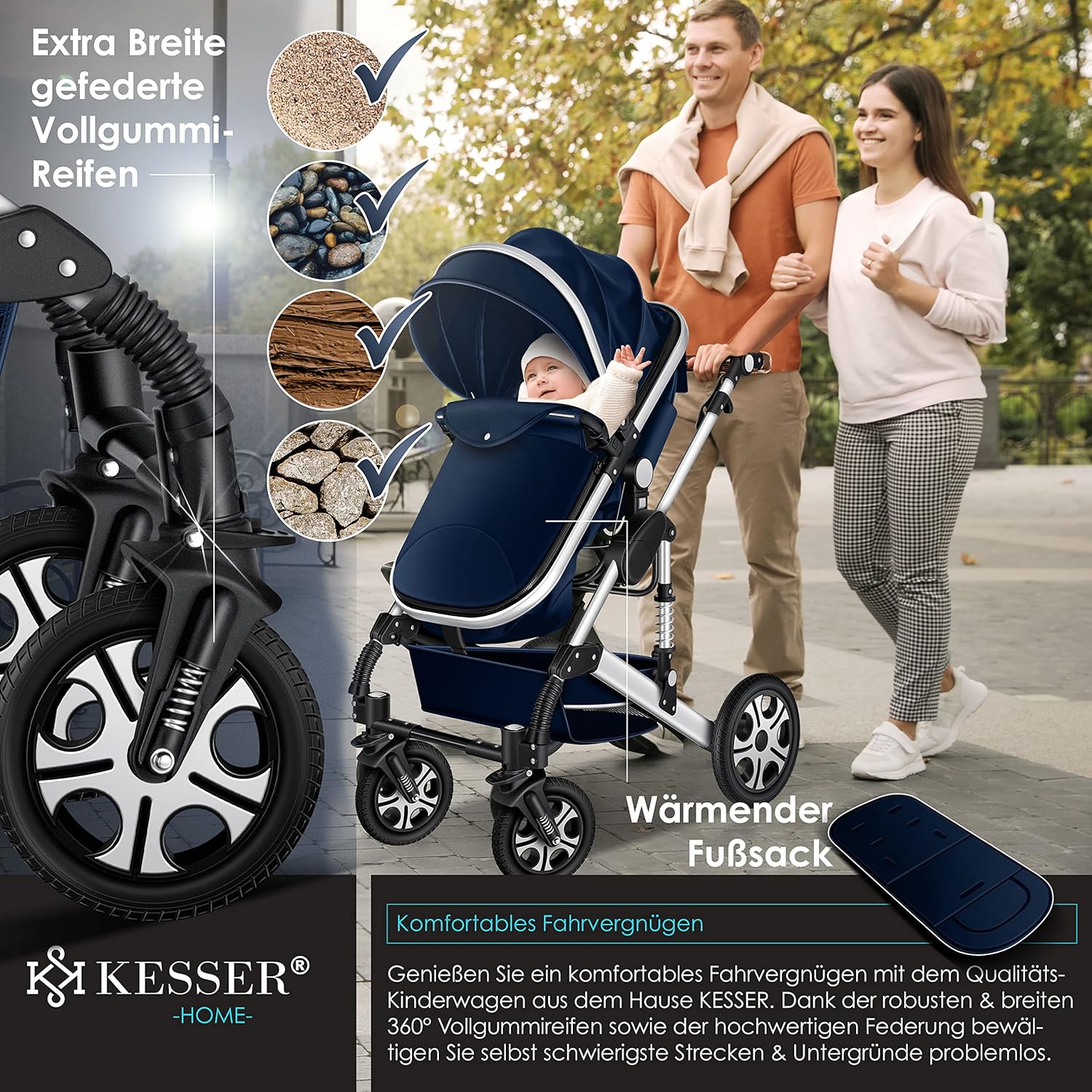 KESSER® Loops 3 in 1 Kinderwagen Kombikinderwagen Komplett-Set inkl. Babywanne & Buggy Sportsitz & Auto-Babyschale Voll-Gummireifen Wickeltasche Regenschutz Kindertisch ECE R129, Schwarz/Champagne