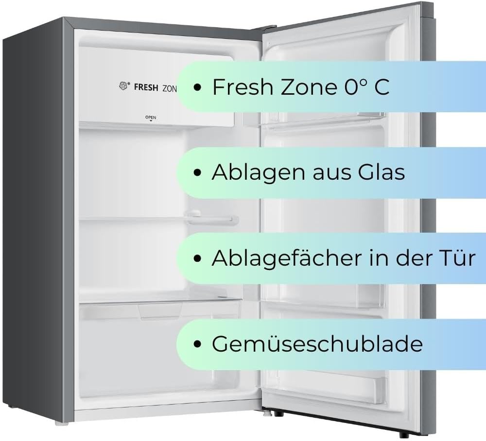 YUNA Kühlschrank SEREBRO E mit Fresh Zone/ 94L Nutzinhalt/Vollraumkühlschrank/ 84 cm hoch/ 86 kWh/Jahr/Türanschlag wechselbar/Leiser Betrieb 36 dB/Silbern
