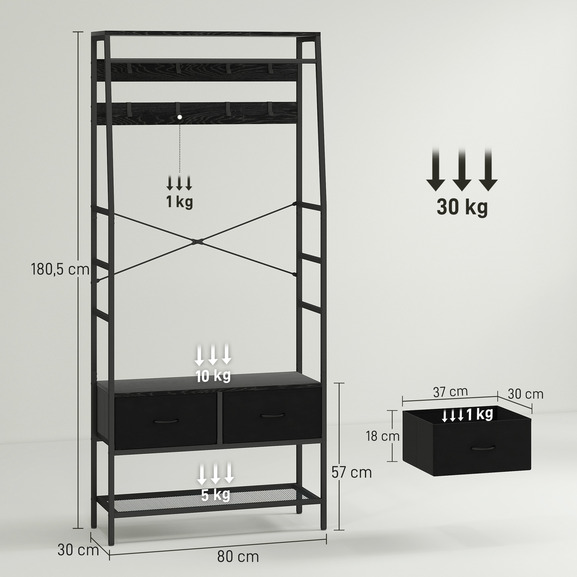 Kapstok met Schoenenrek in Industri?le Stijl, Kledingrek met 2 Stoffen Lades, 8 Haken, Metalen Frame, Zwart