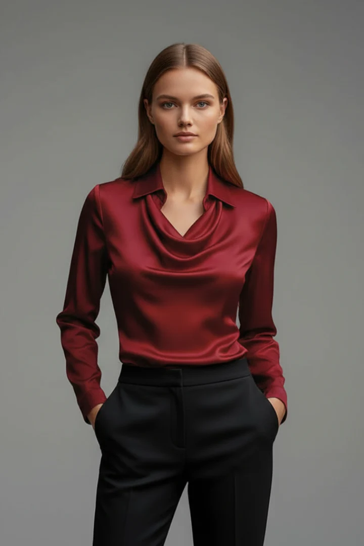 Satinbluse Damen mit Wasserfallausschnitt und Langarm | Elegante Bluse mit flie?endem Fall und geradem Schnitt f��r das Layering