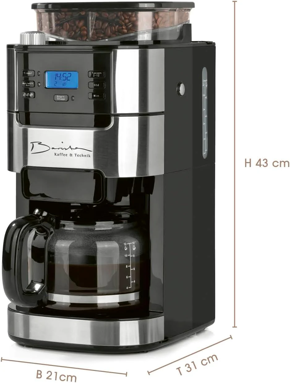 Barista filterkoffiezetapparaat met verstelbare molen & thermoskan | Warmhoudfunctie, 24-uurs timer & permanent filter | Voor 10 koppen koffie | Koffiezetapparaat voor bonen & poeder [roestvrij staal]