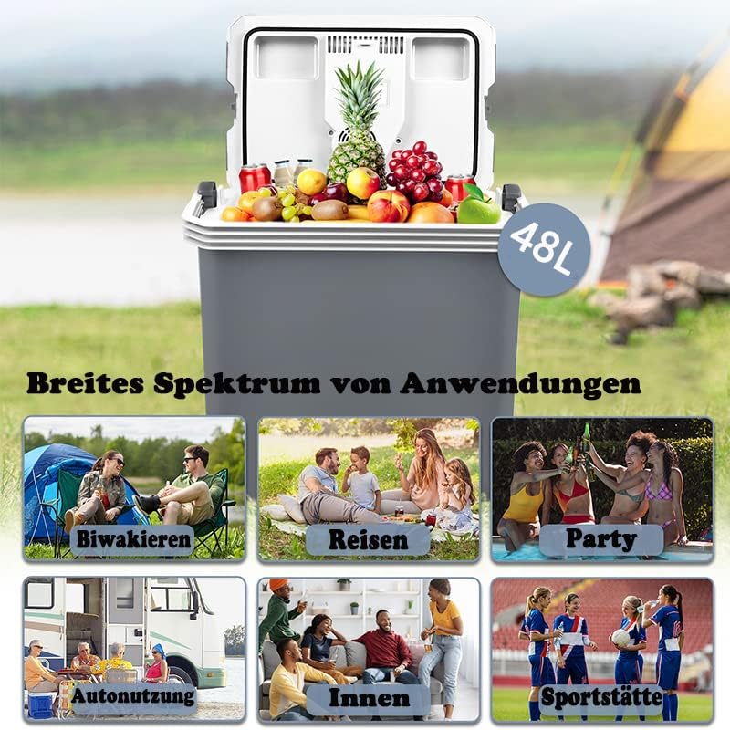 AufuN 48L Kühlbox mit Rollen, zum Warmhalten und Kühlen, Mini-Kühlschrank, 12 V und 230 V für Auto, Lkw, Boot, Reisemobil und Steckdose, mit ECO Modus(Grau)