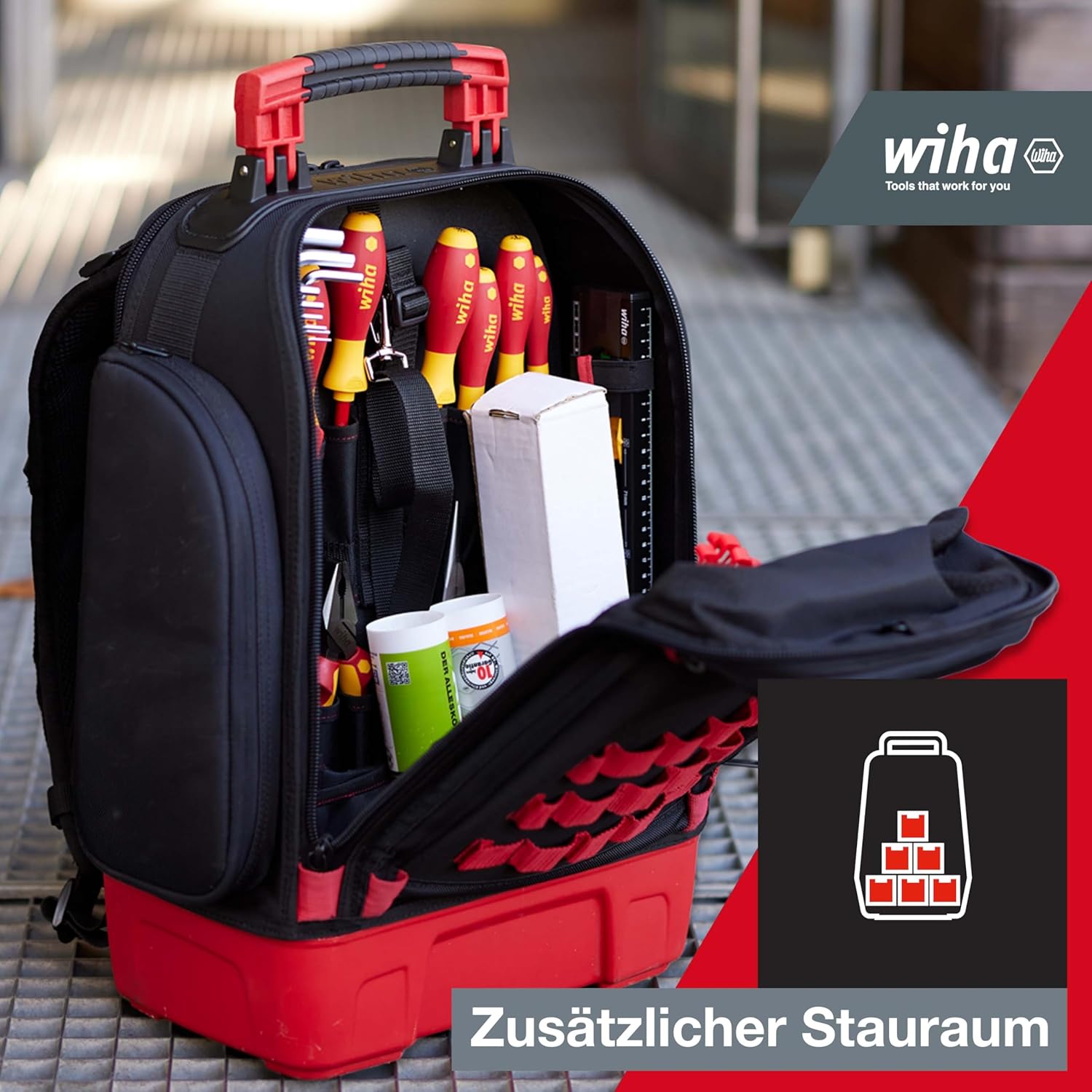 Wiha Elektriker Werkzeugrucksack 27-tlg. I mit Elektriker Grundausstattung I stabiler Standboden I mit Laptopfach I Taschen für Zubehör (45528)