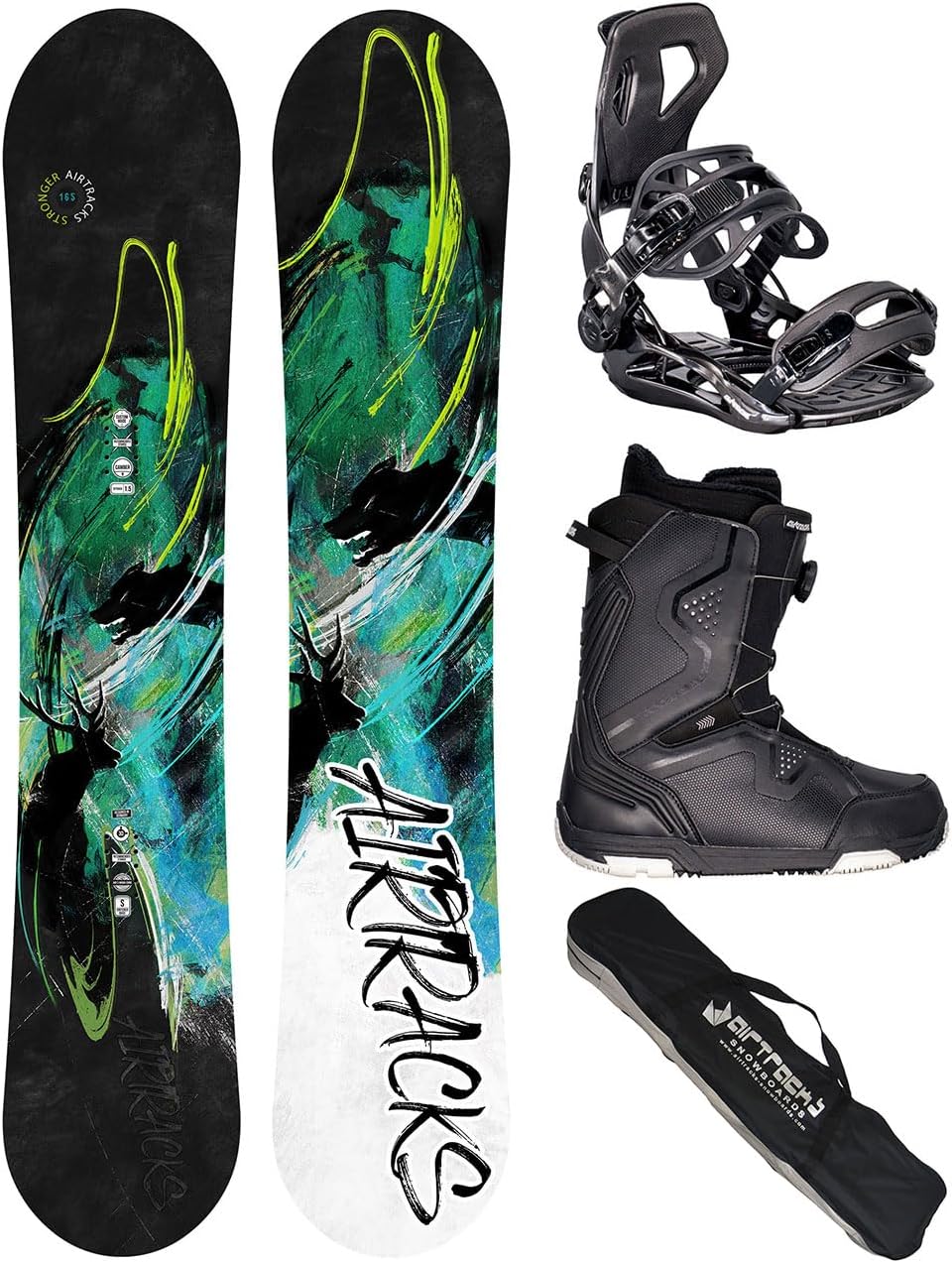 Airtracks Snowboard Set - Stronger Snowboard Wide Flat Zero Rocker + Bindung Master Fastec MULTIENTRY + Boots + SB Bag 156 159 163 165 cm