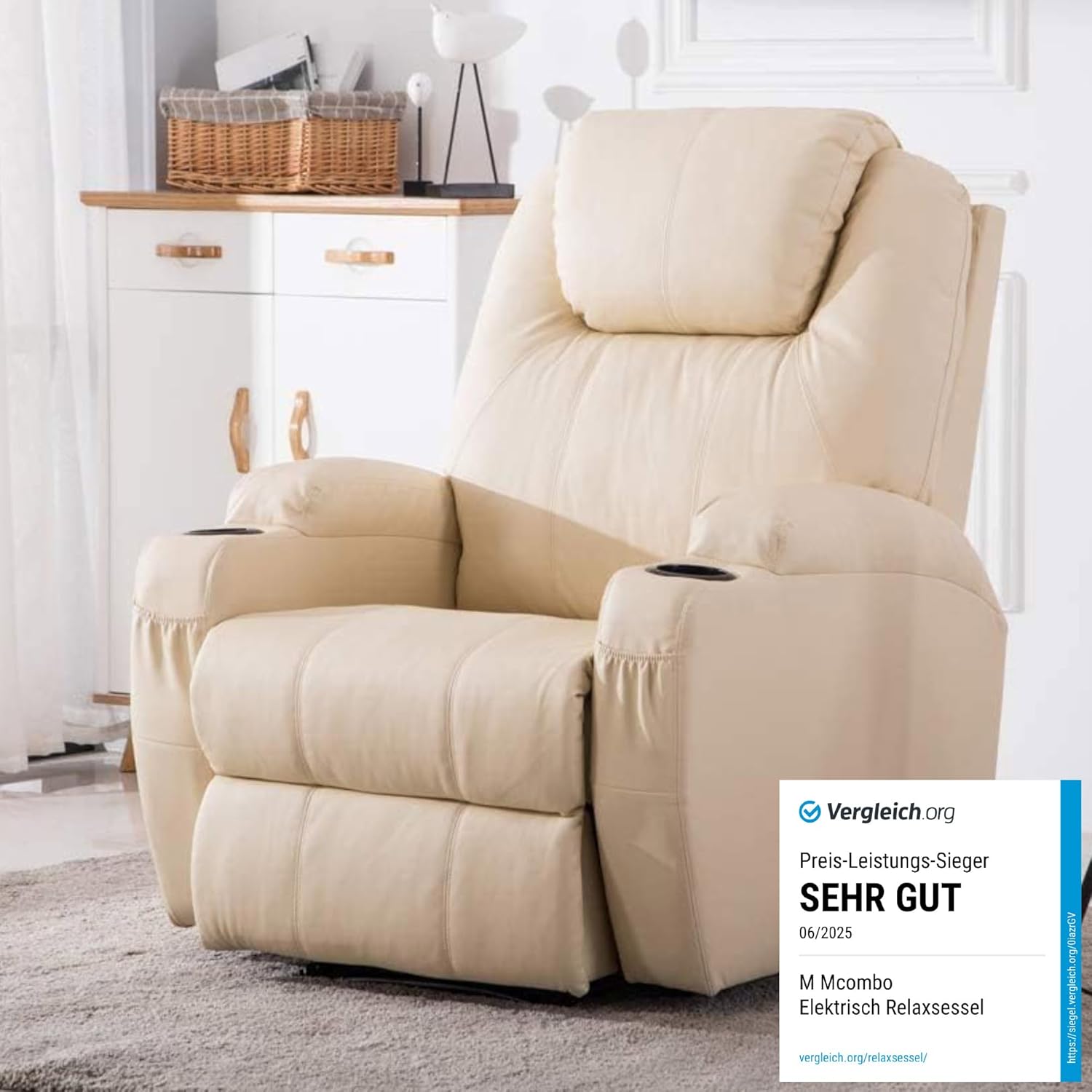 M MCombo Elektrisch Relaxsessel Massagesessel Fernsehsessel Liegefunktion Vibration Heizung 7061 neues Modell (Cremeweiß-Kunstleder)