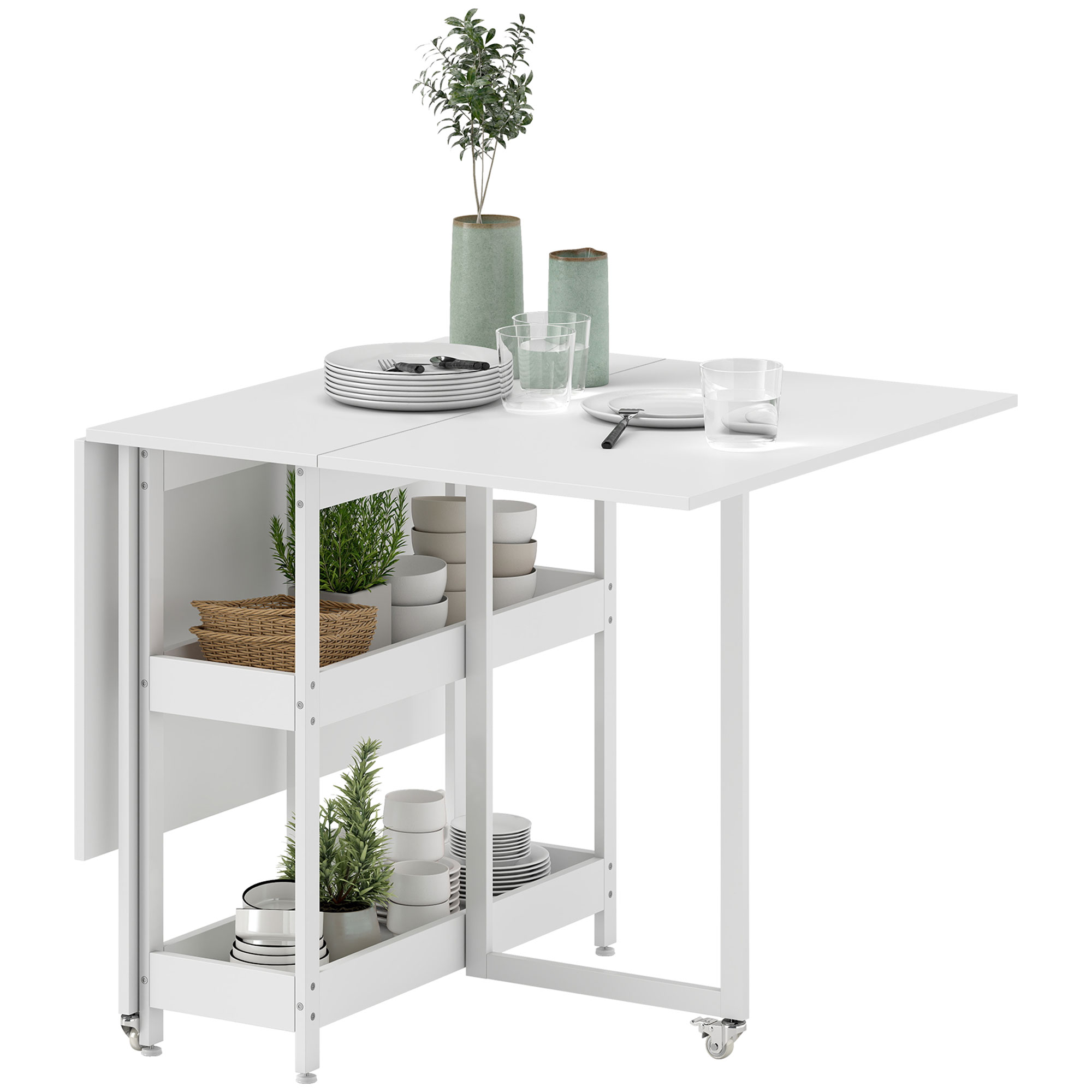 Uitschuifbare Eettafel in Industrieel Ontwerp voor tot 4 Personen, Open Schappen, Flexibel, Metaal, Spaanplaat, Wit