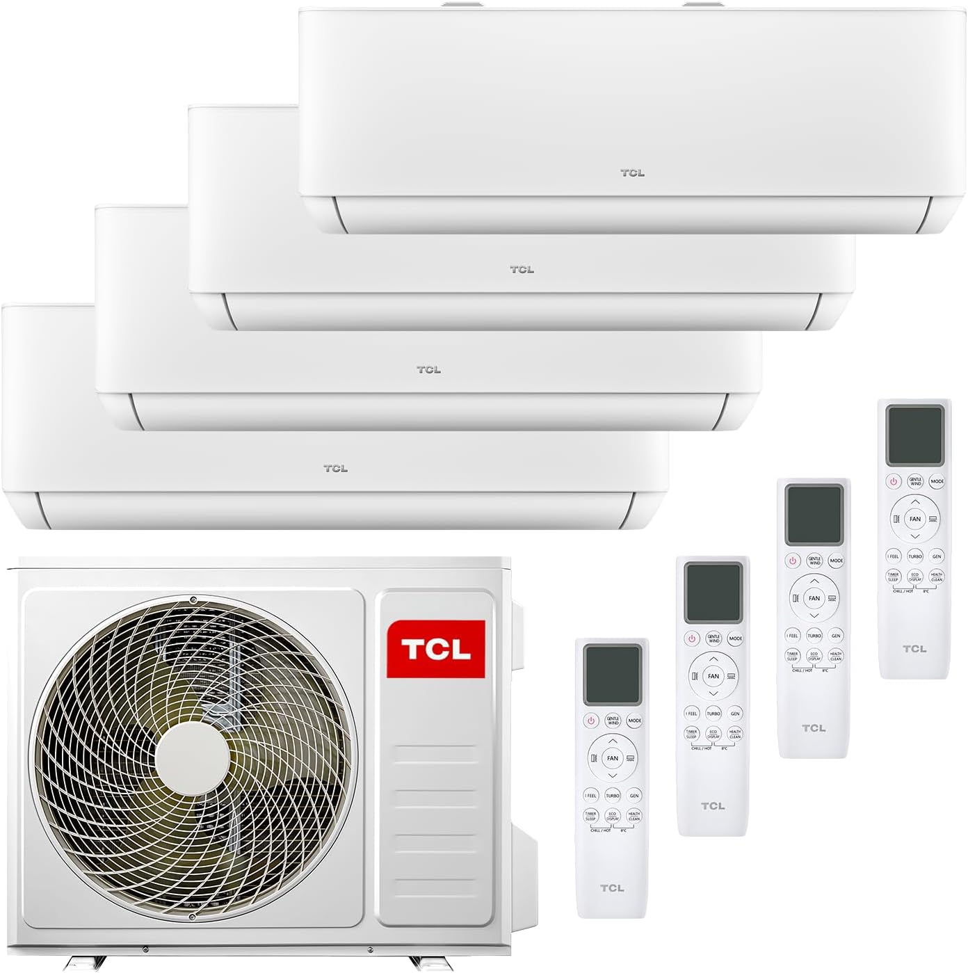 TCL Multisplit Klimaanlage Wandgerät 4 x 2,6 kW 9000 BTU + 32000 BTU Außeneinheit App + Fernbedienung für Räume bis zu je 30m²