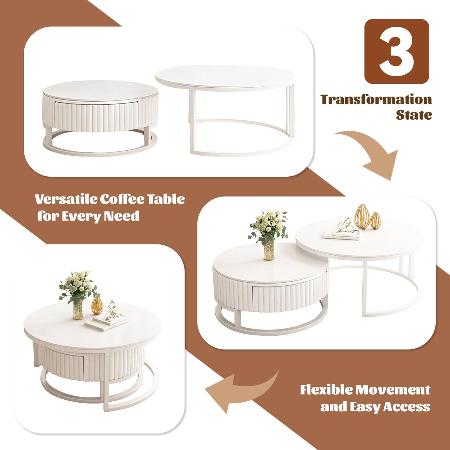 2er Set Couchtisch Rund Weiss 50+70cm Wohnzimmertisch Weiß Runder Couchtisch Mit Stauraum Marmor Beistelltisch Stabilem Metallgestel Satztische Fürs Wohnzimmer Einfache Aufbau Für Schlafzimmer Büro