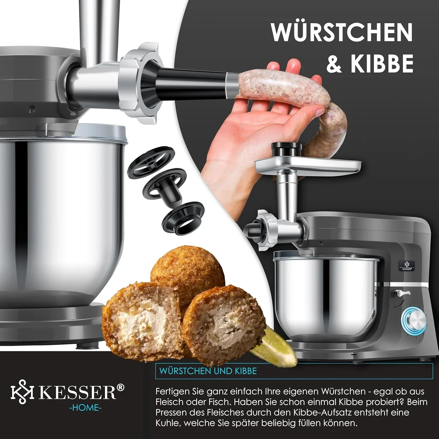 KESSER? 3 in 1 Universal K��chenmaschine K-KM 3000 mit Fleischwolf Knetmaschine Multifunktionale R��hrmaschine 5,5L Sch��ssel mit 3 R��hrwerkzeuge, 1,5L Entsafter, Zubeh?r-Set, Pasta & Geb?ckformen